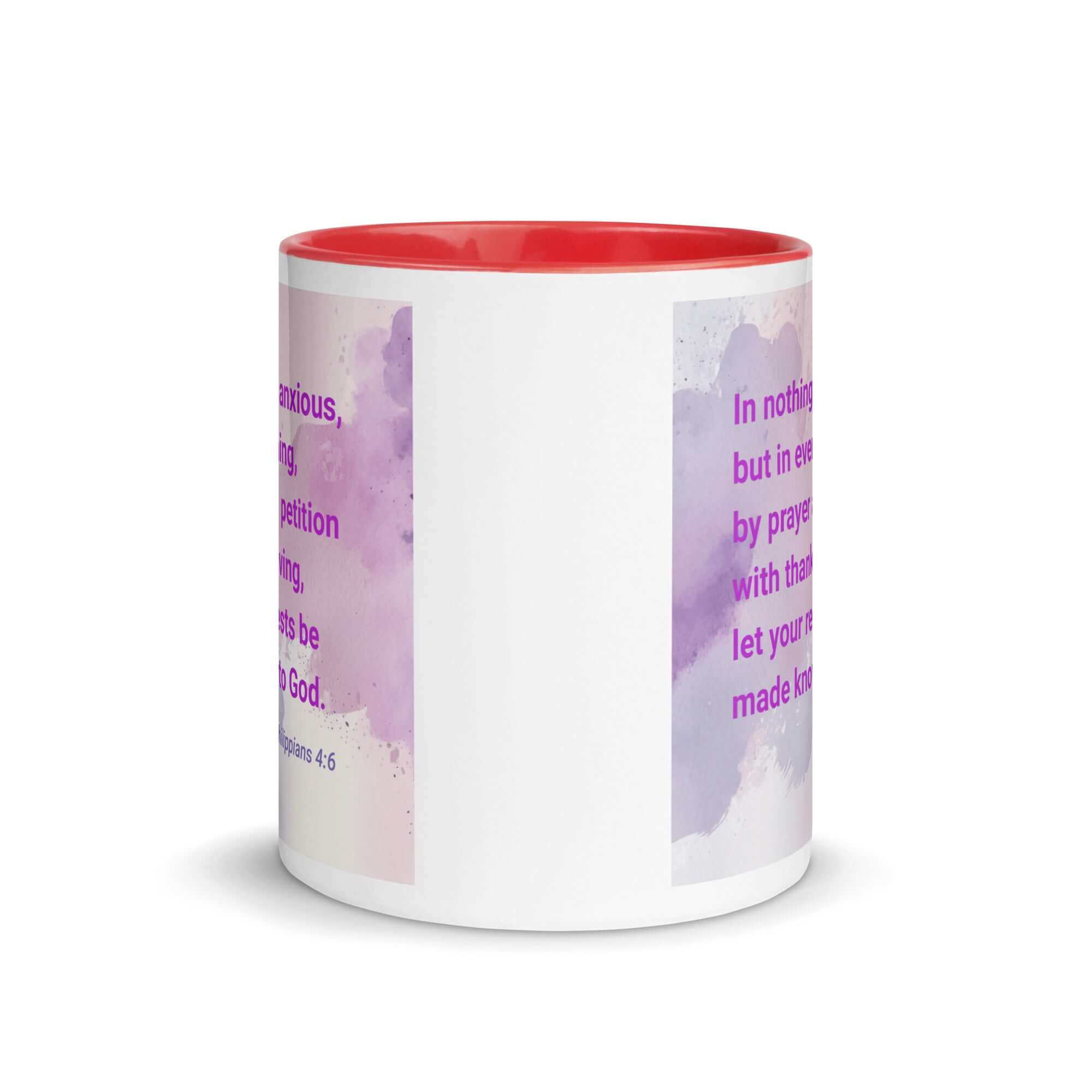 Philippians 4:6 Bible Verse, Prayer and Petition White Ceramic Mug with Color Inside