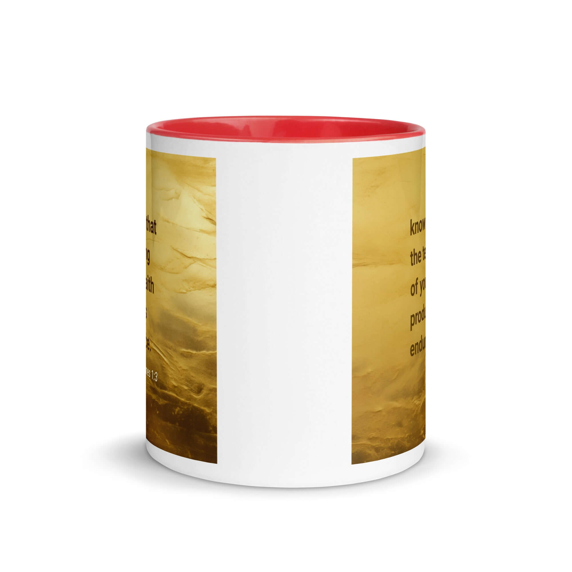 James 1:3 Bible Verse, testing of your faith White Ceramic Mug with Color Inside