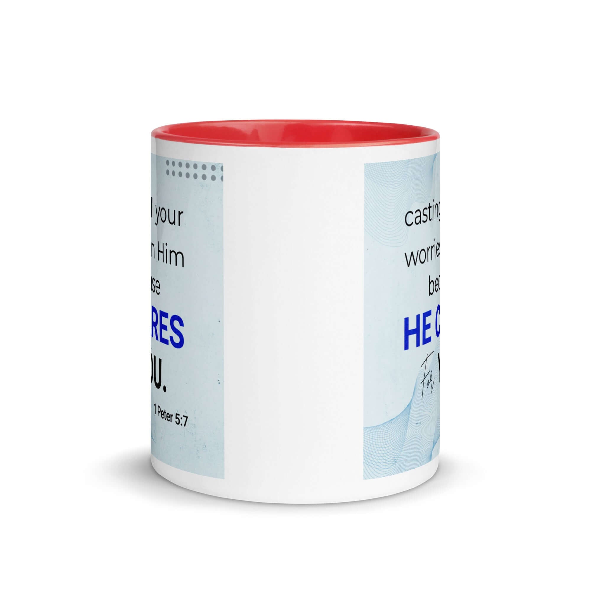 1 Peter 5:7 Bible Verse, casting all your worries on Him White Ceramic Mug with Color Inside