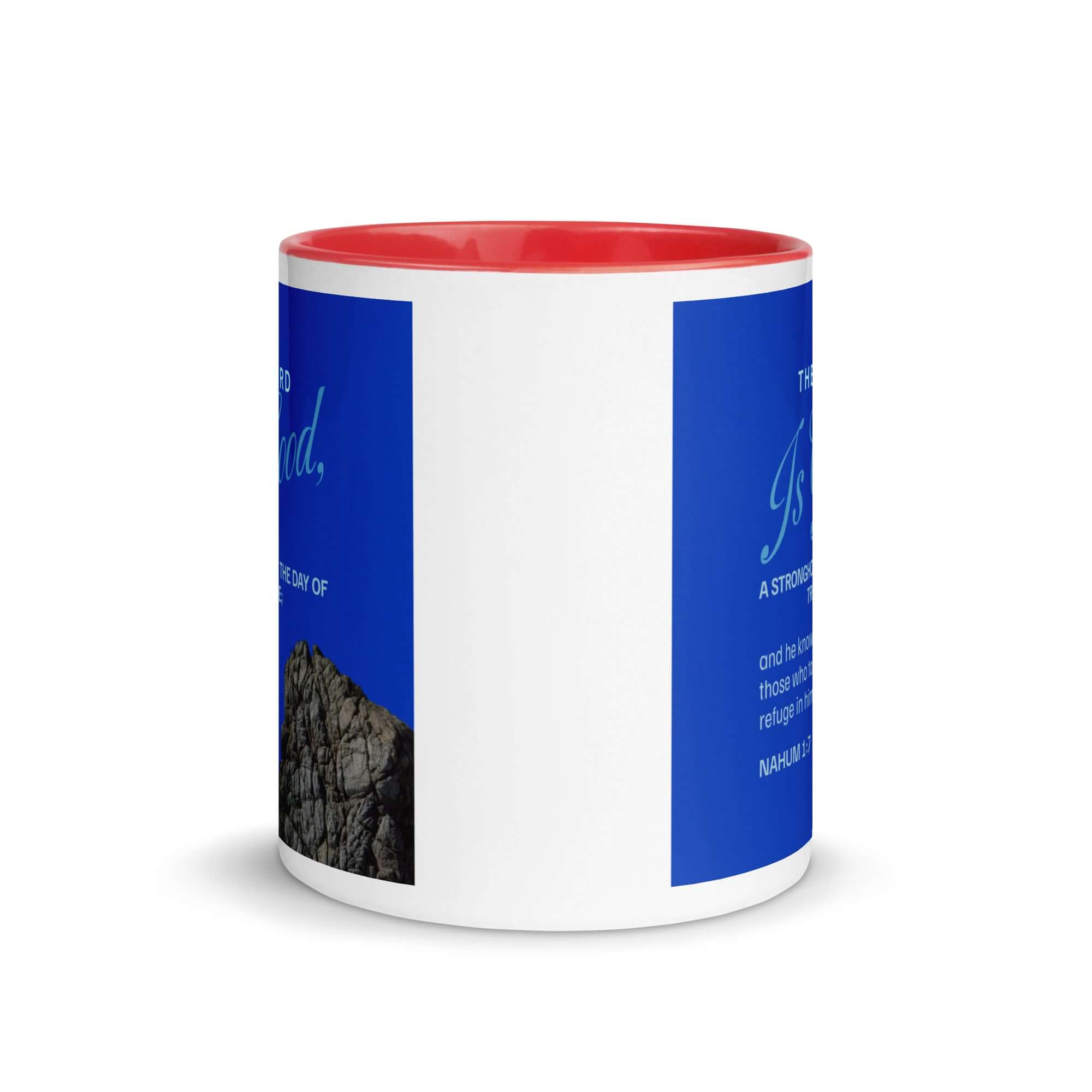 Nahum 1:7 Bible Verse, The LORD is a stronghold White Ceramic Mug with Color Inside