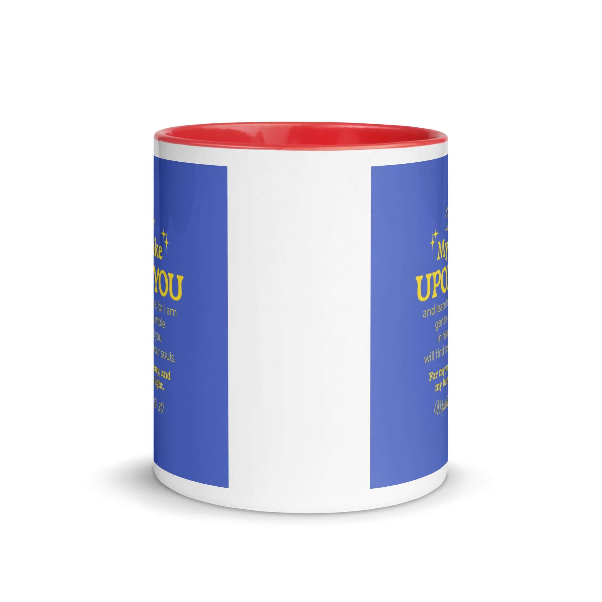 Matthew 11:29-30 Bible Verse, Take my yoke White Ceramic Mug with Color Inside