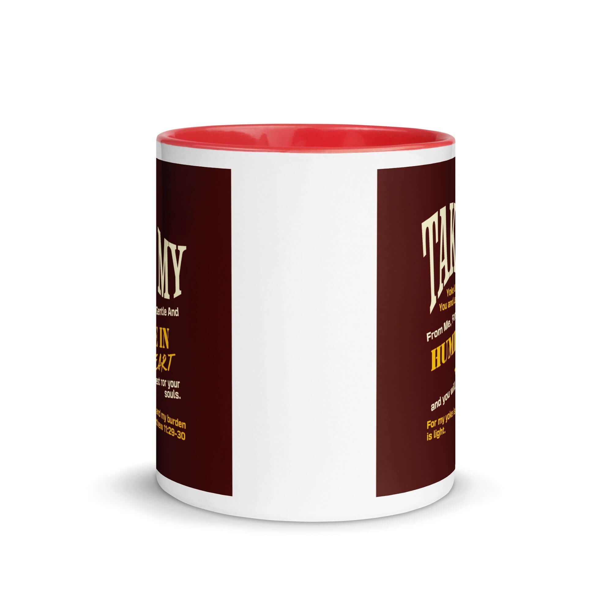 Matthew 11:29-30 Bible Verse, learn from me White Ceramic Mug with Color Inside