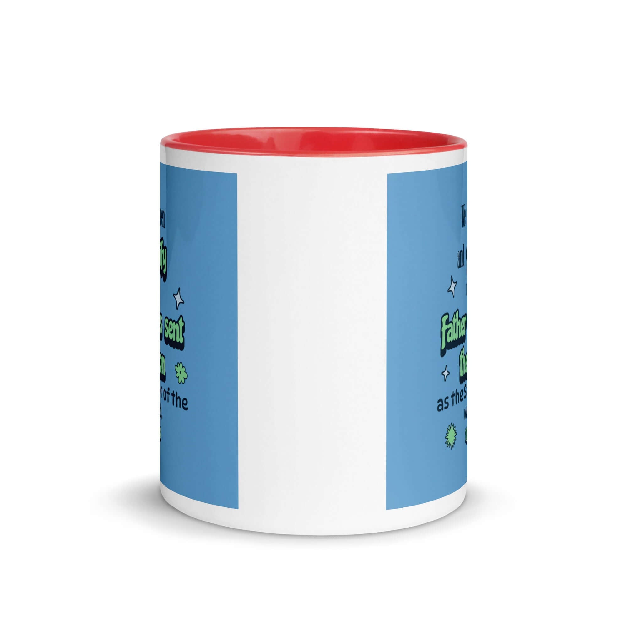 1 John 4:14 Bible Verse, sent the Son White Ceramic Mug with Color Inside