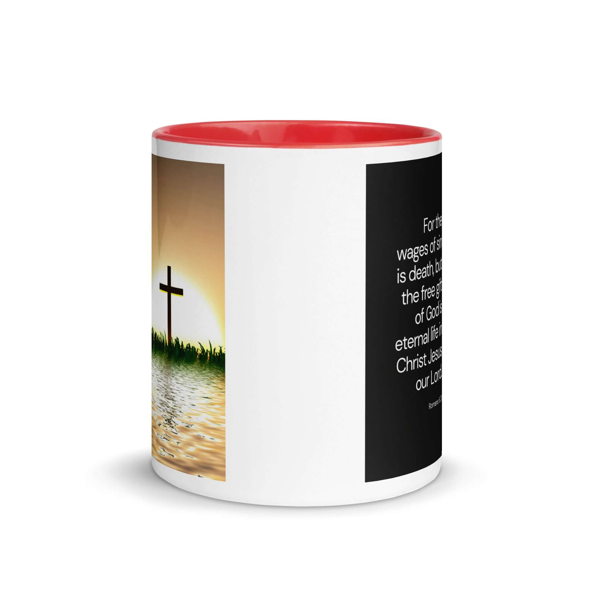 Romans 6:23 Bible Verse, the wages White Ceramic Mug with Color Inside