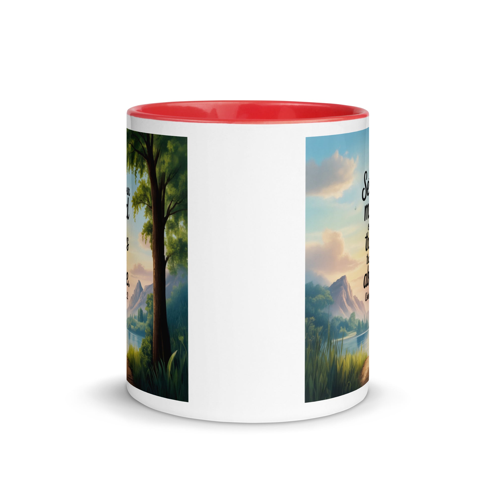 Colossians 3:2 Bible Verse Set White Ceramic Mug with Color Inside