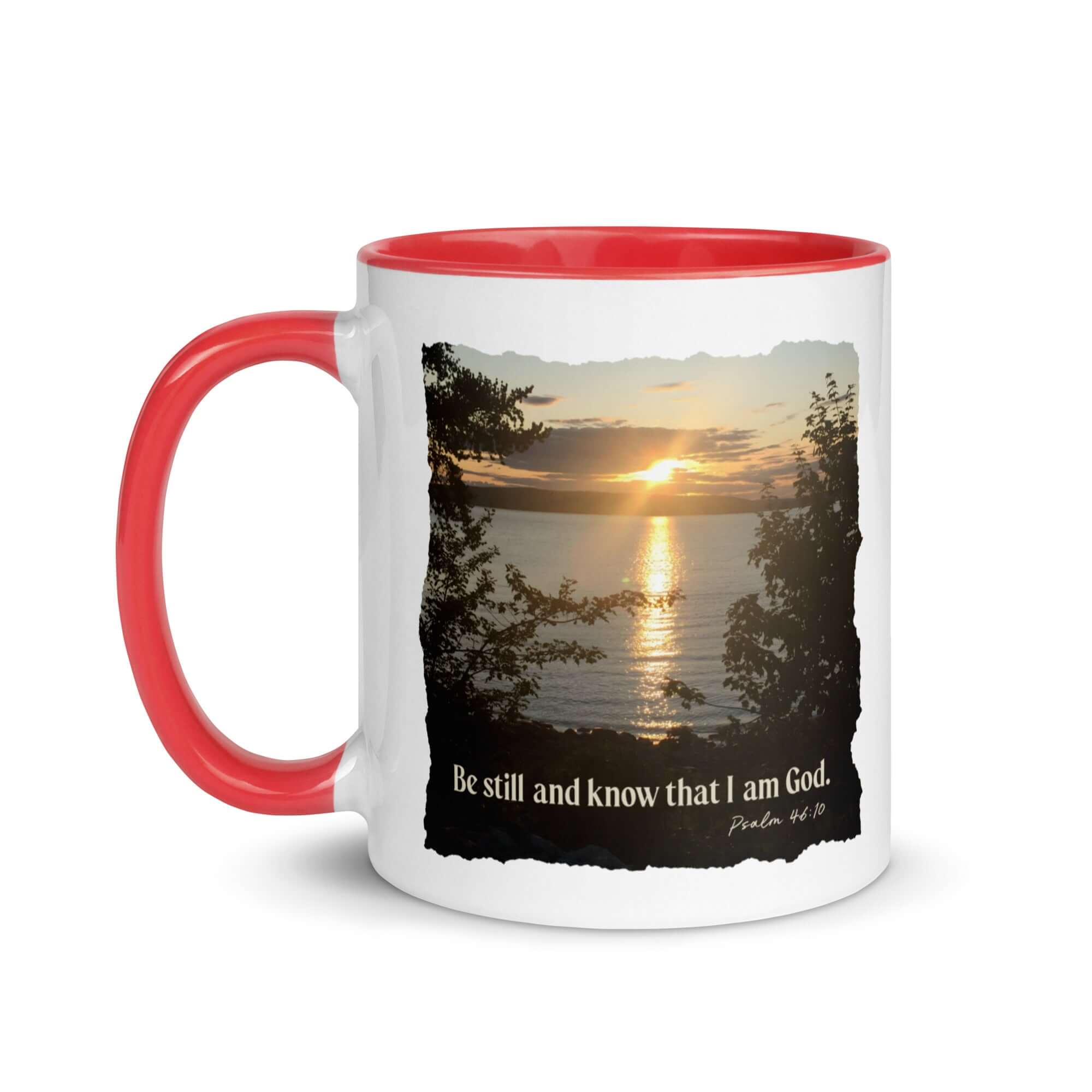 Psalm 46:10 Bible Verse, Sunset Glory White Ceramic Mug with Color Inside
