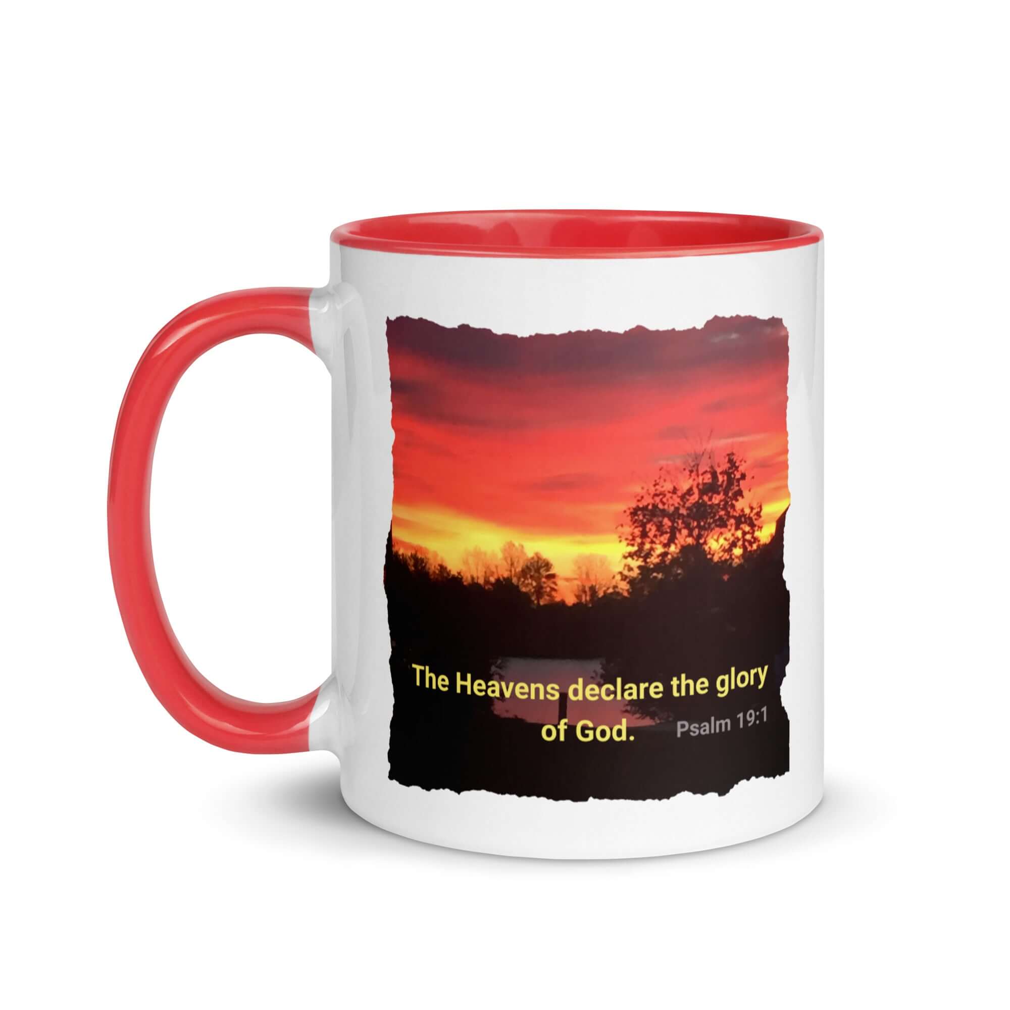 Psalm 19:1 Bible Verse, Sunset Glory White Ceramic Mug with Color Inside