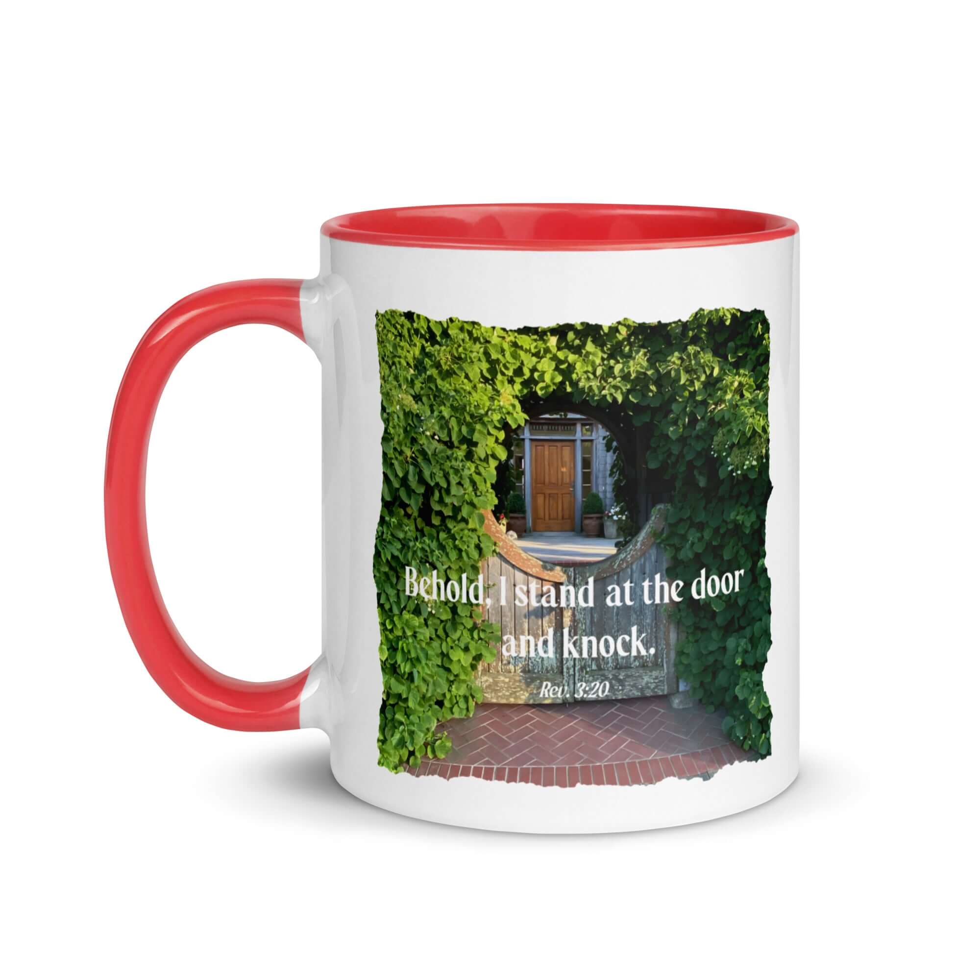 Revelation 3:20 Bible Verse, Garden Doorway White Ceramic Mug with Color Inside