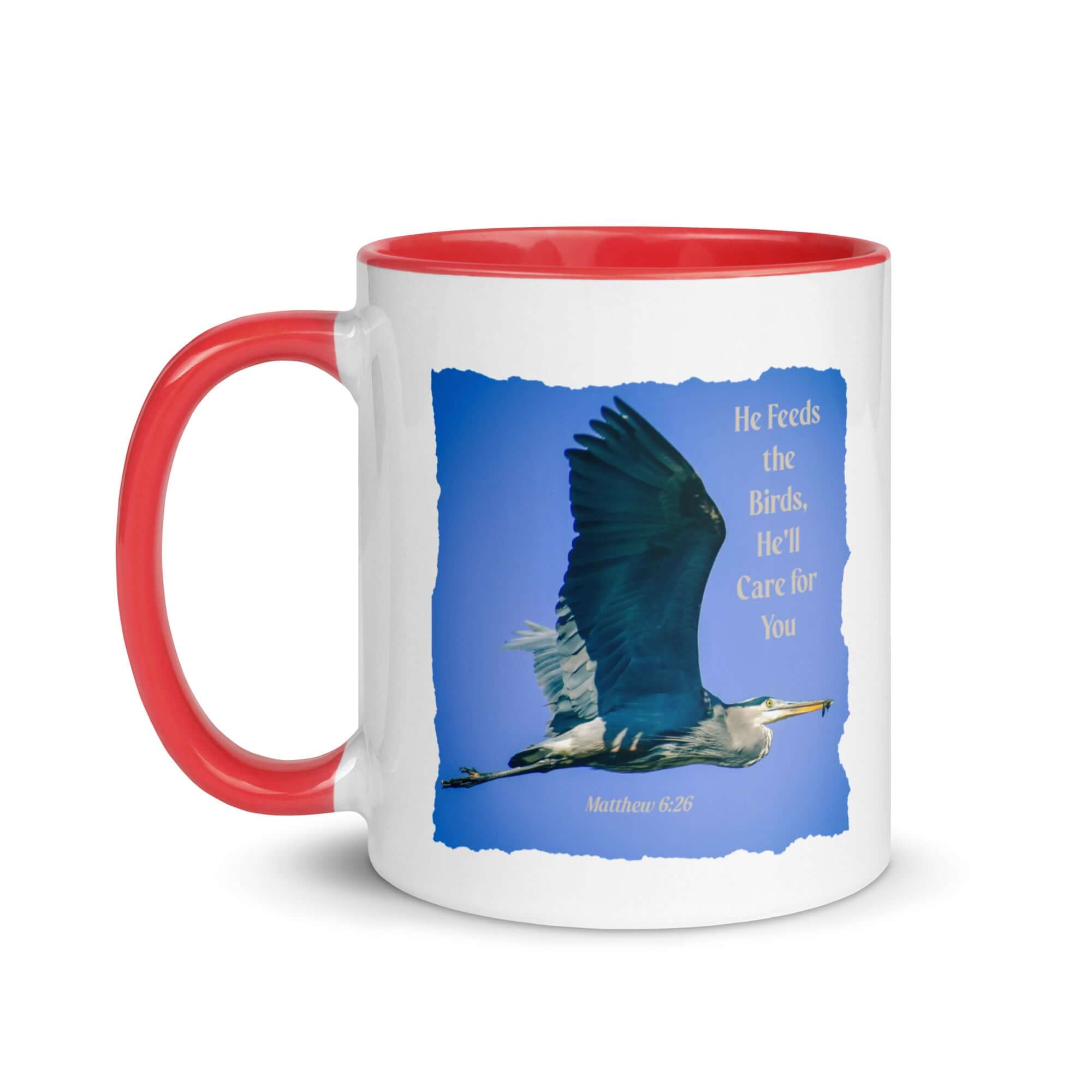 Matthew 6:26 Graceful Heron, He'll Care for You White Ceramic Mug with Color Inside