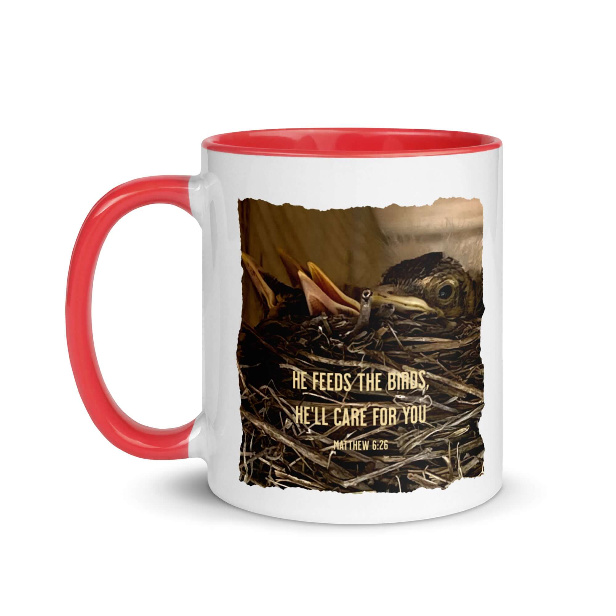 Matthew 6:26 Baby Robins, He'll Care for You White Ceramic Mug with Color Inside