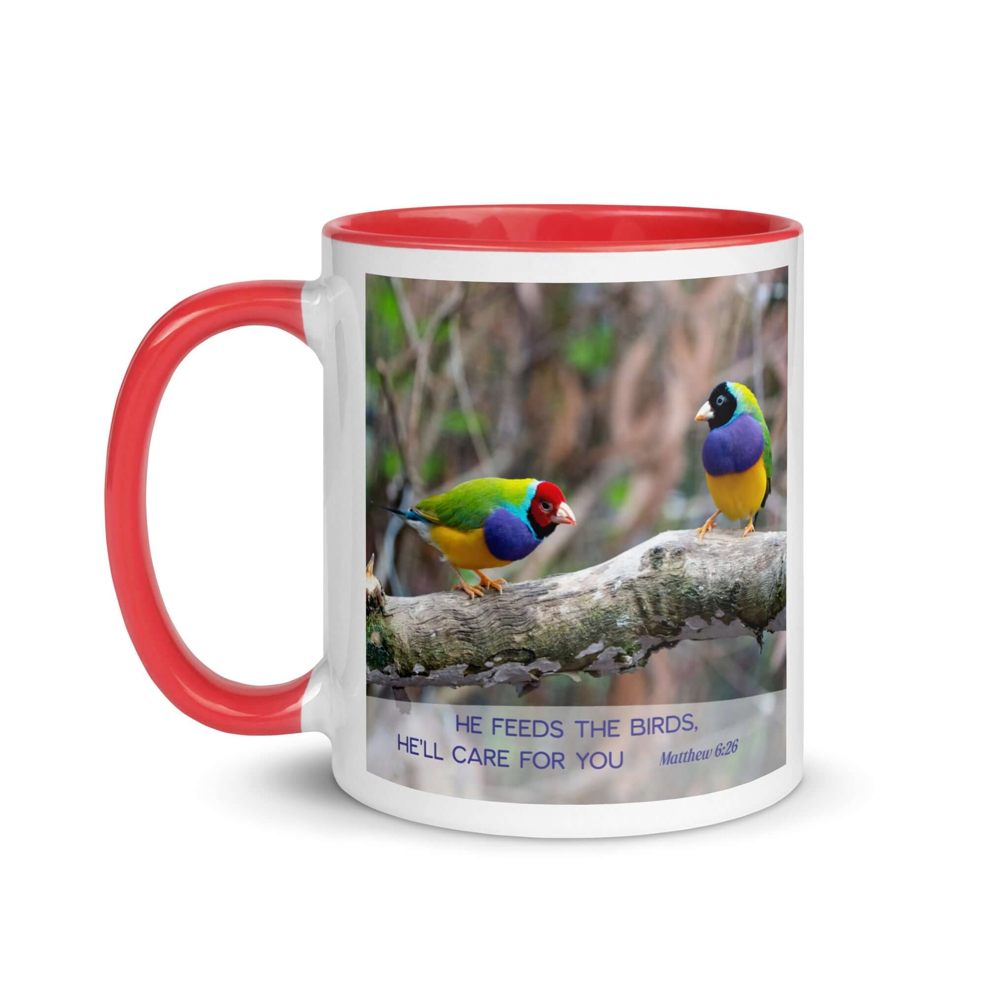 Matthew 6:26 Gouldian Finches, He'll Care for You White Ceramic Mug with Color Inside