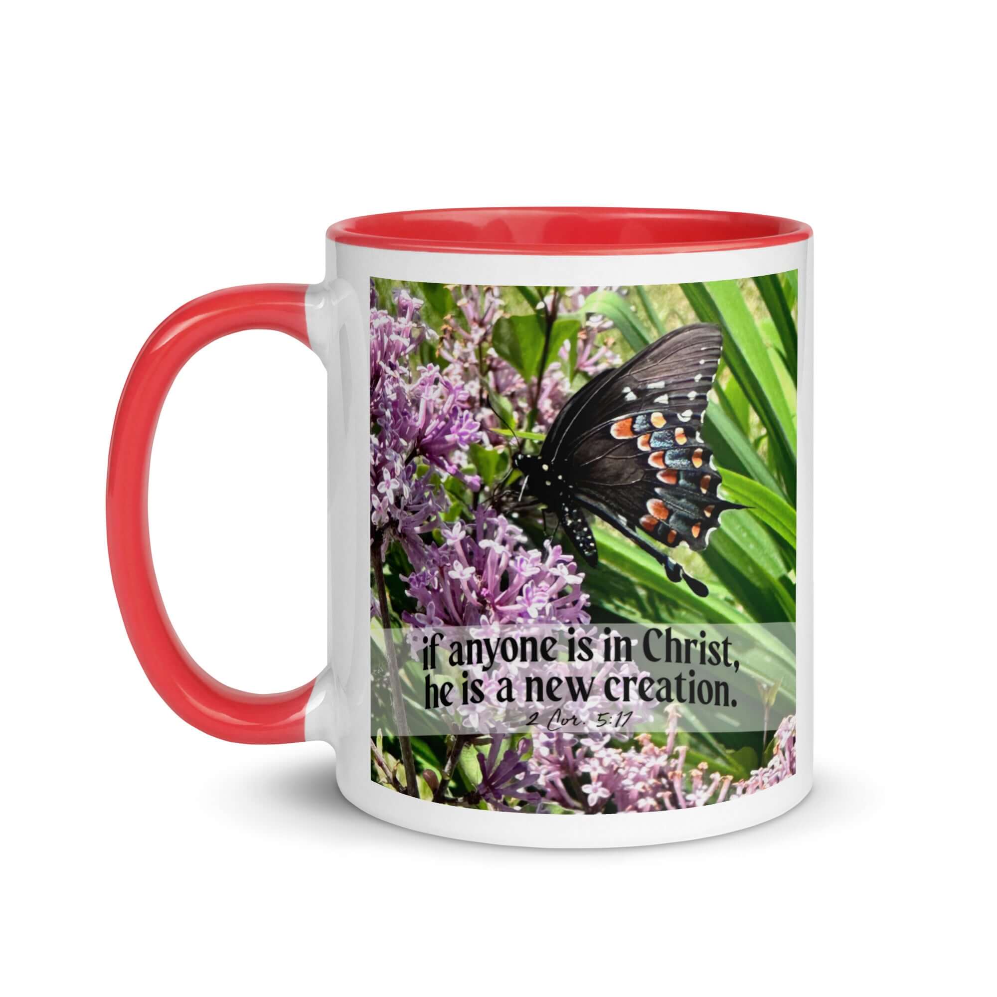 2 Corinthians 5:17 Bible Verse, Butterfly White Ceramic Mug with Color Inside