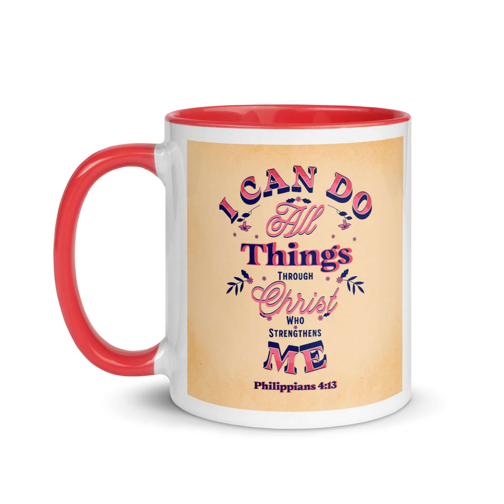 Philippians 4:13 Bible Verse, Christ Strengthens Me White Ceramic Mug with Color Inside