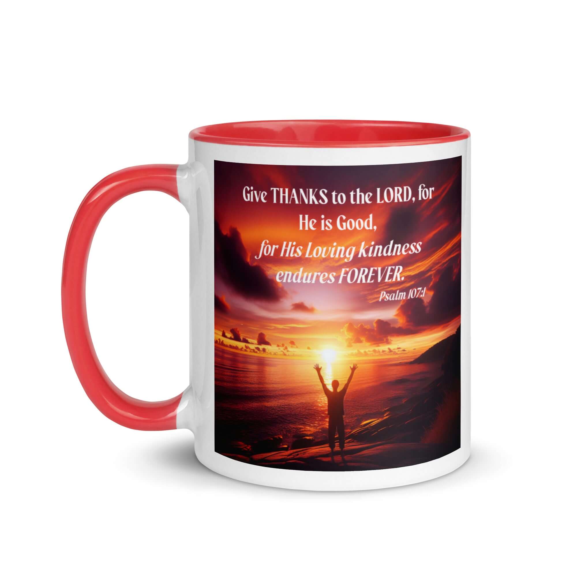 Psalm 107:1 Bible Verse, Give Thanks to the Lord White Ceramic Mug with Color Inside