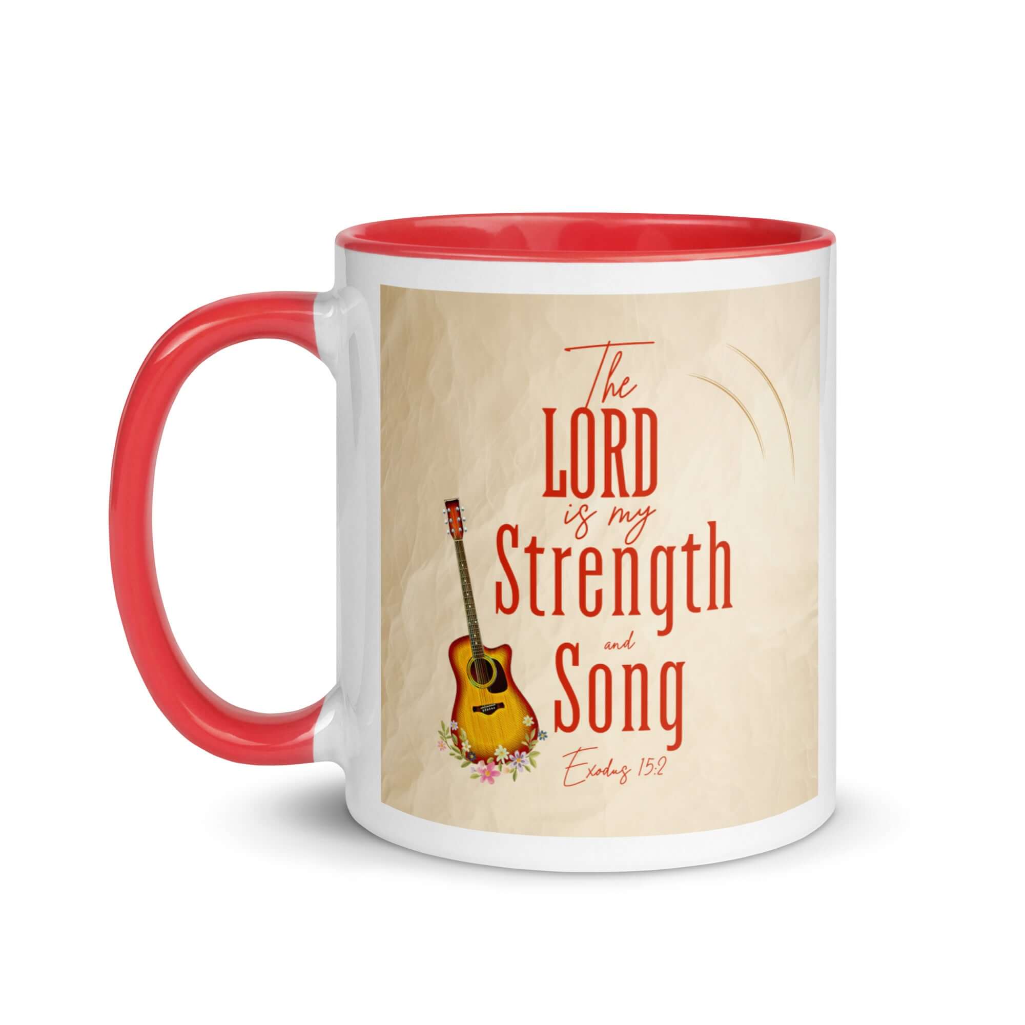 Exodus 15:2 Bible Verse, The LORD is my strength White Ceramic Mug with Color Inside