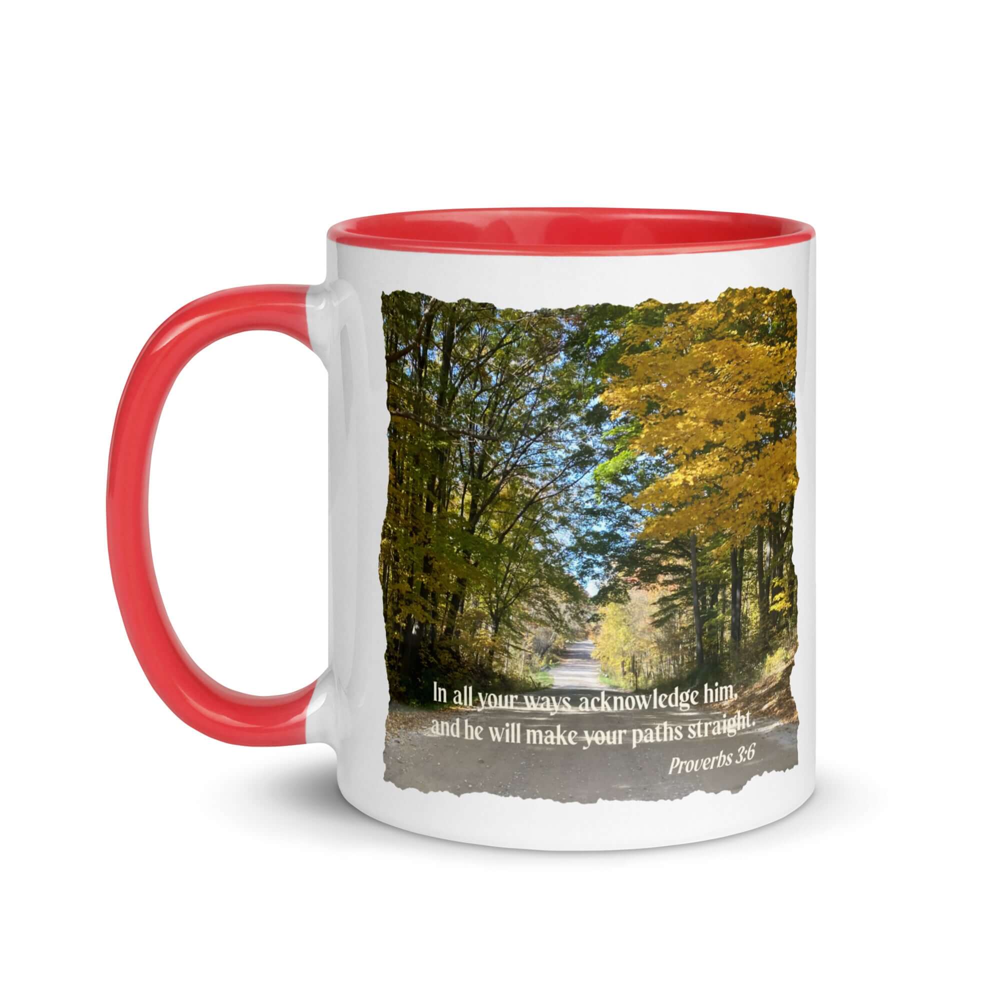 Proverbs 3:6 Bible Verse, Fall Road White Ceramic Mug with Color Inside