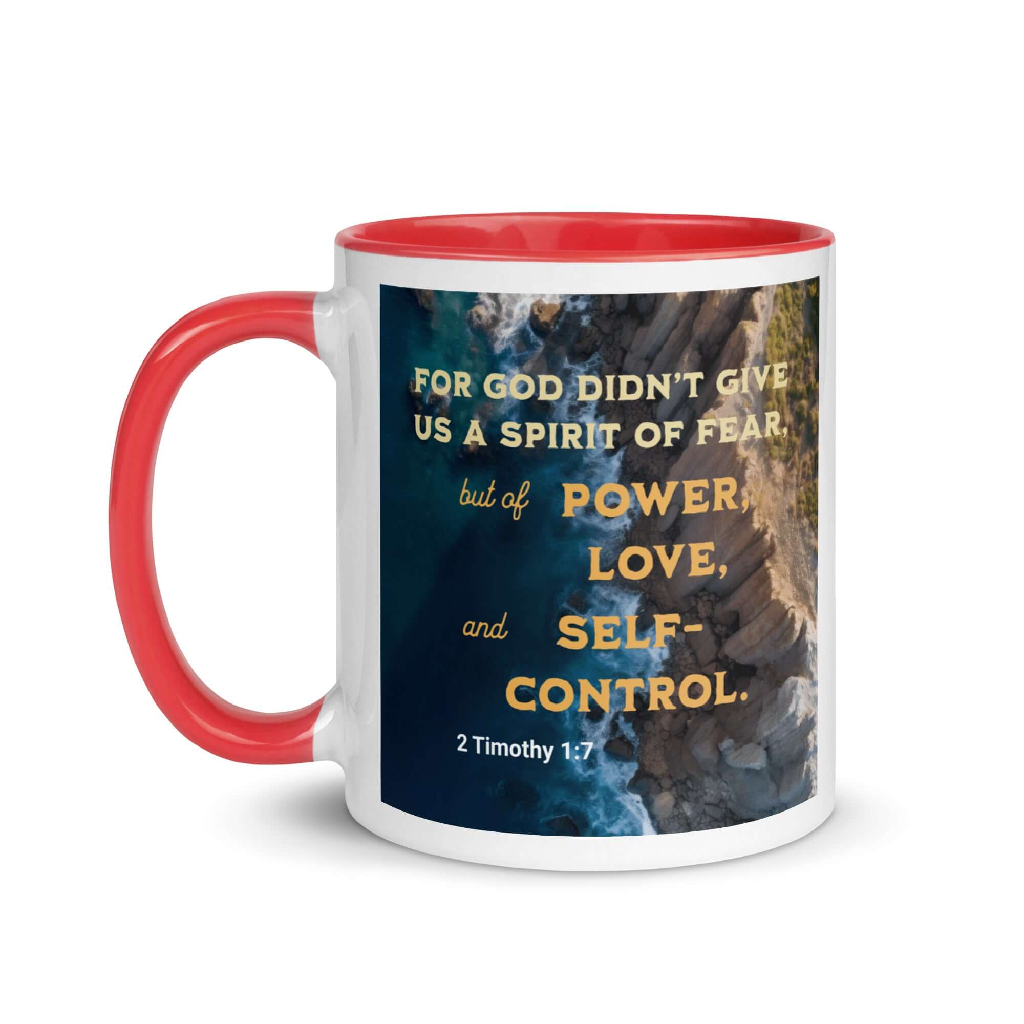 2 Timothy 1:7 Bible Verse, Power, Love, Self-Control White Ceramic Mug with Color Inside