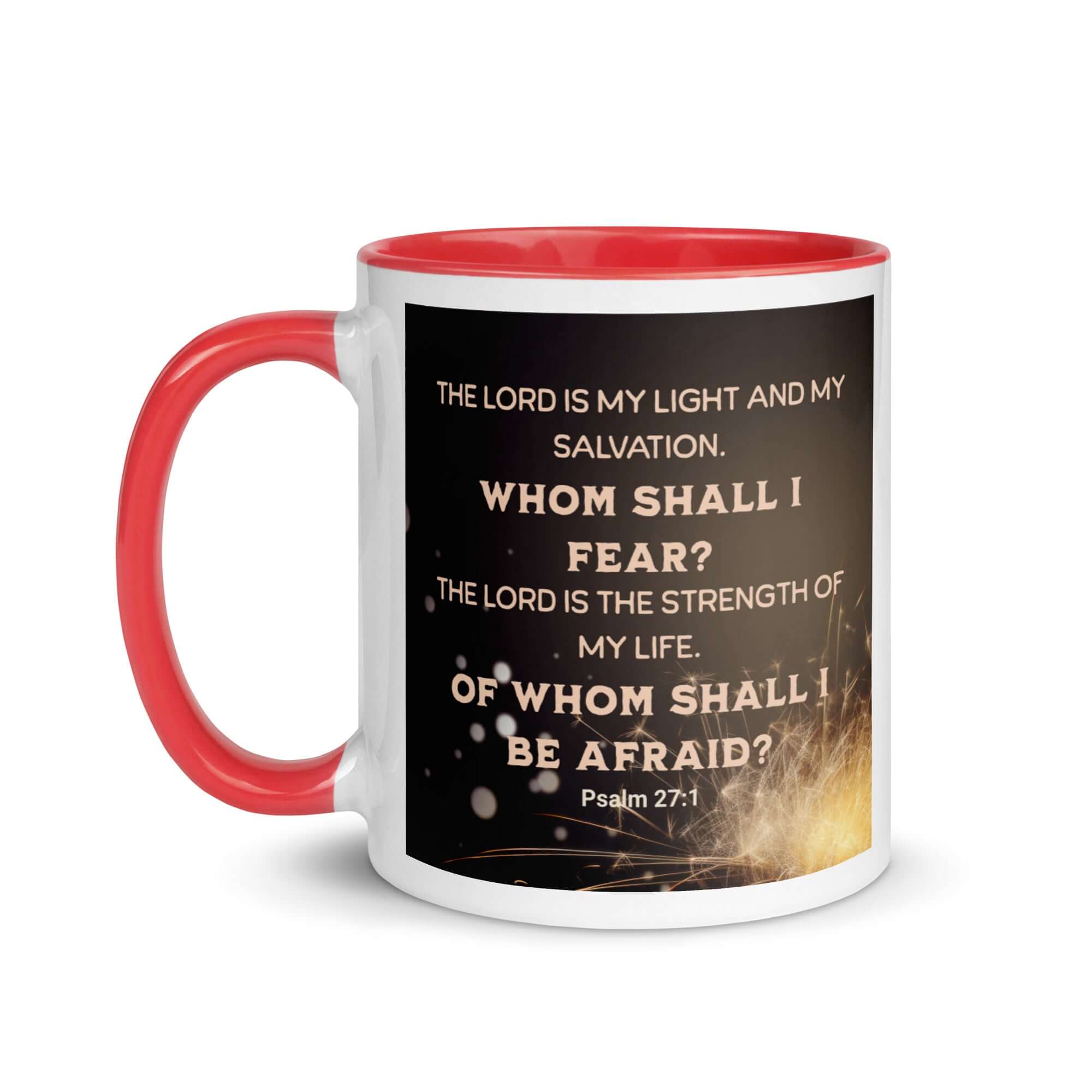Psalm 27:1 Bible Verse, The LORD is My Light White Ceramic Mug with Color Inside