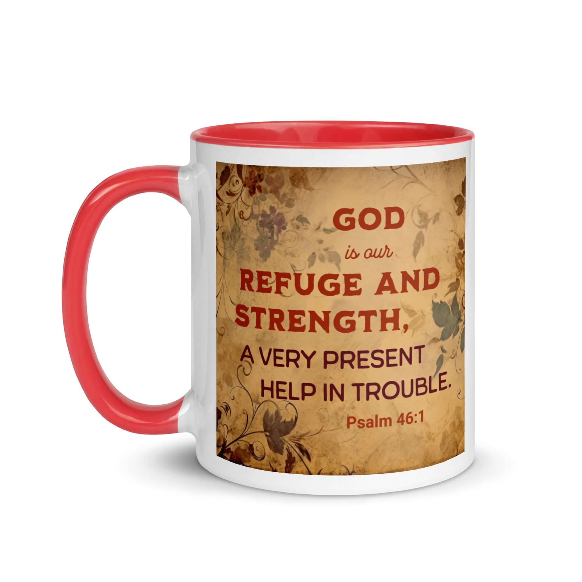 Psalm 46:1 Bible Verse, God is Our Refuge White Ceramic Mug with Color Inside