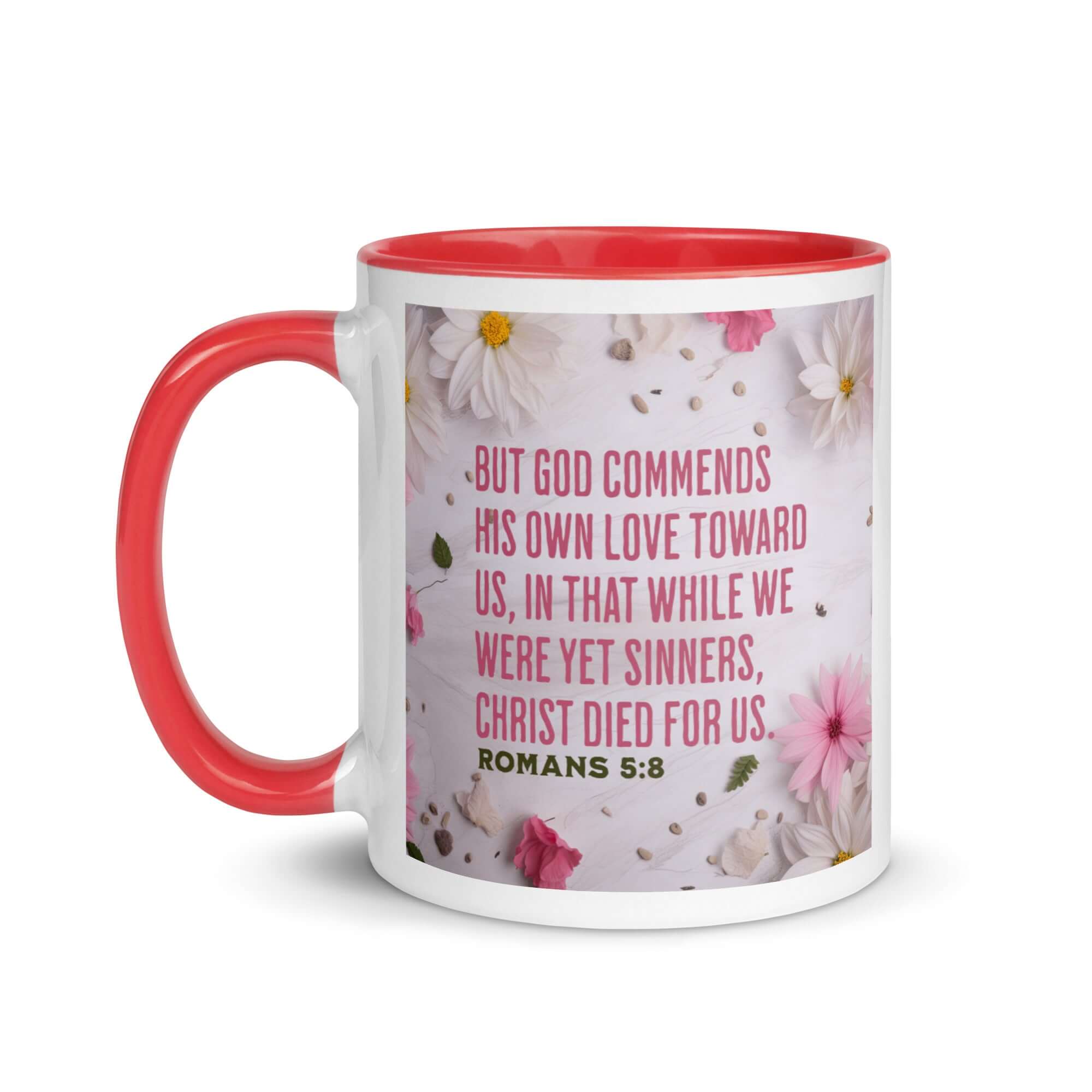 Romans 5:8 Bible Verse, Christ Died for Us White Ceramic Mug with Color Inside
