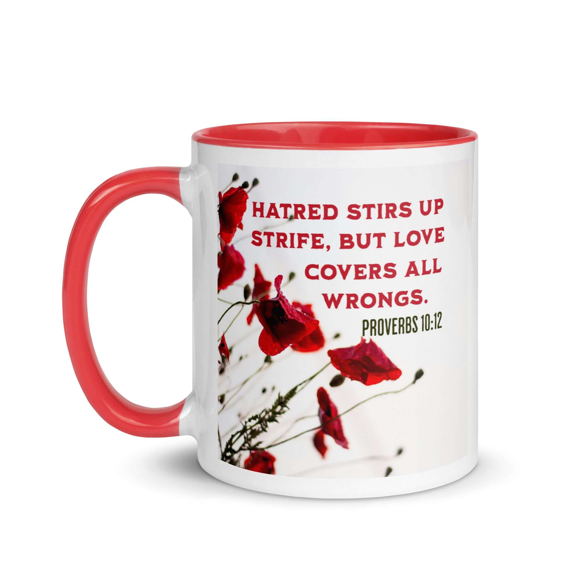 Proverbs 10:12 Bible Verse, Love Covers All White Ceramic Mug with Color Inside