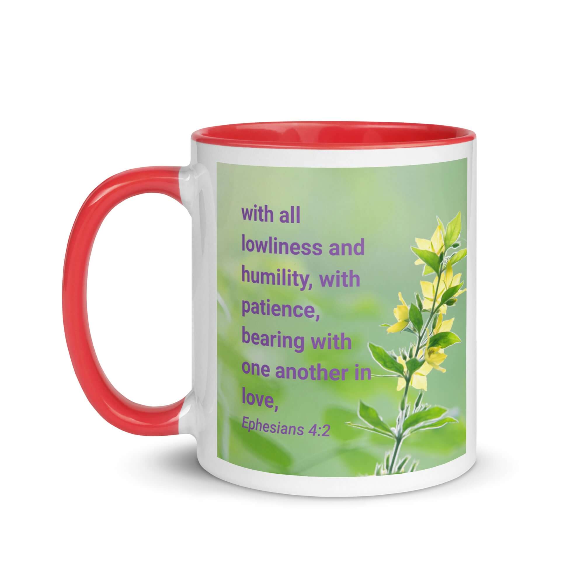 Ephesians 4:2 Bible Verse, one another in love White Ceramic Mug with Color Inside