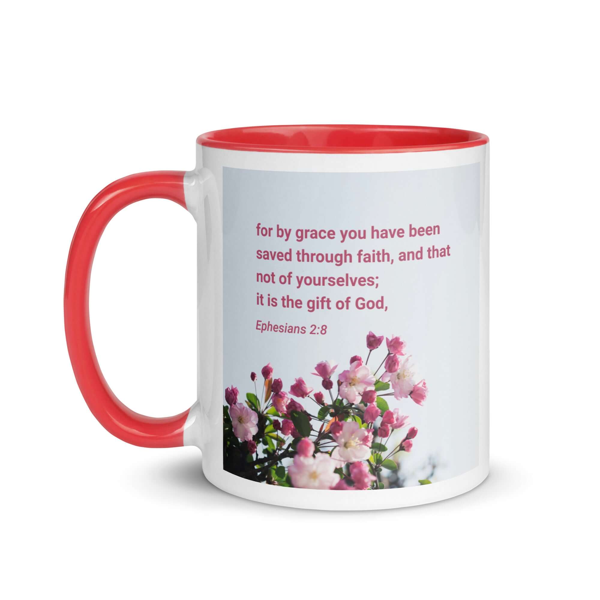 Ephesians 2:8 Bible Verse, saved through faith White Ceramic Mug with Color Inside