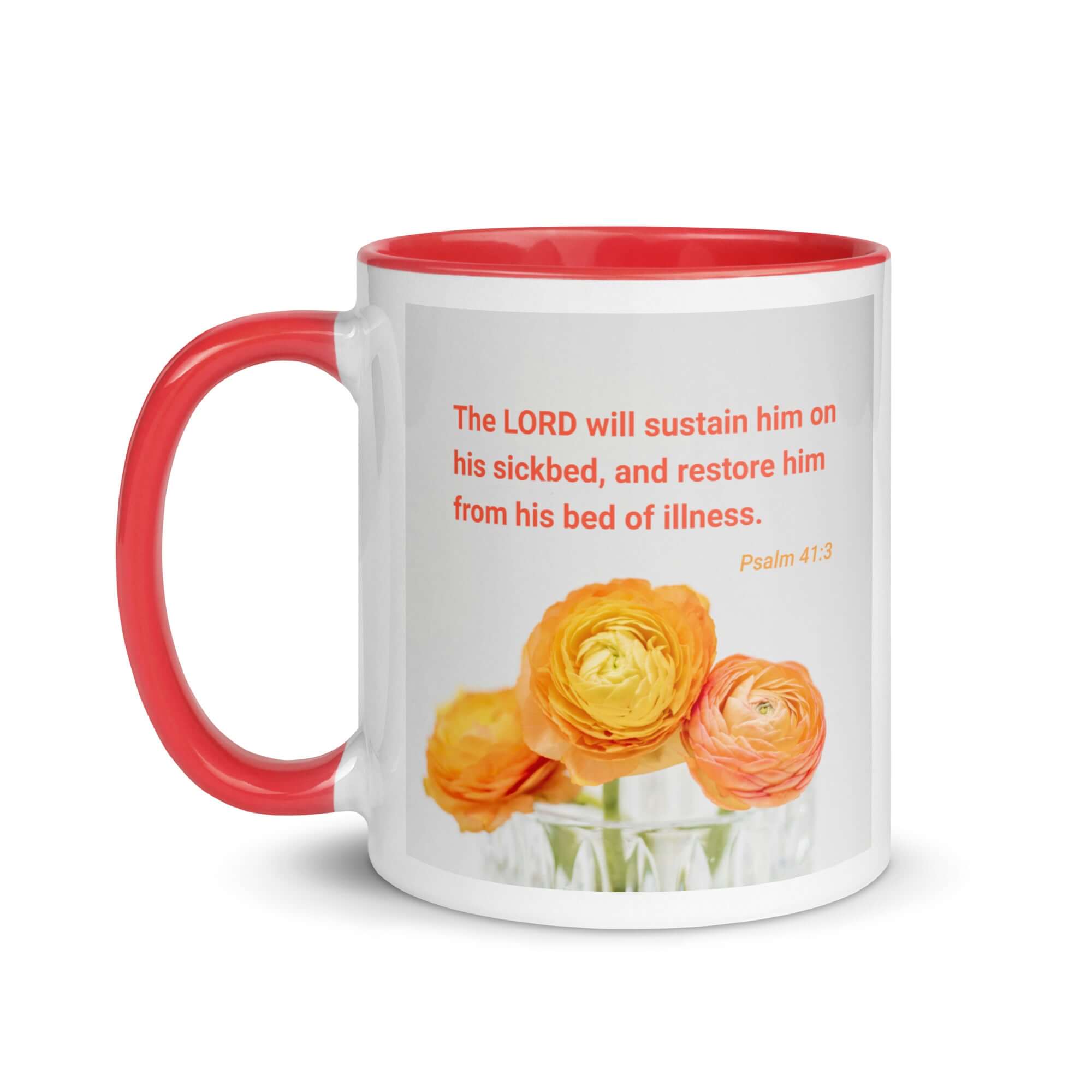 Psalm 41:3 Bible Verse, LORD will sustain White Ceramic Mug with Color Inside