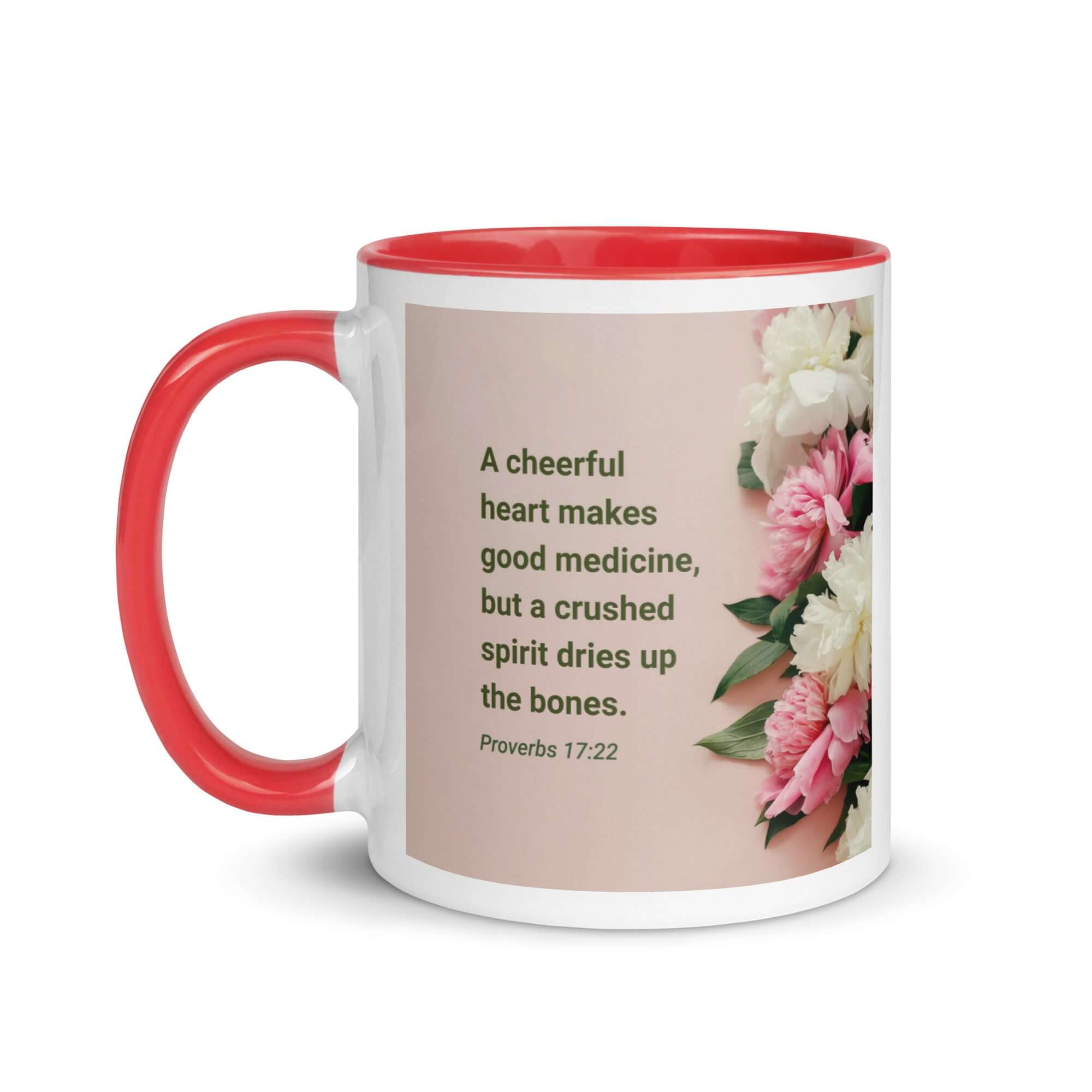 Proverbs 17:22 Bible Verse, good medicine White Ceramic Mug with Color Inside