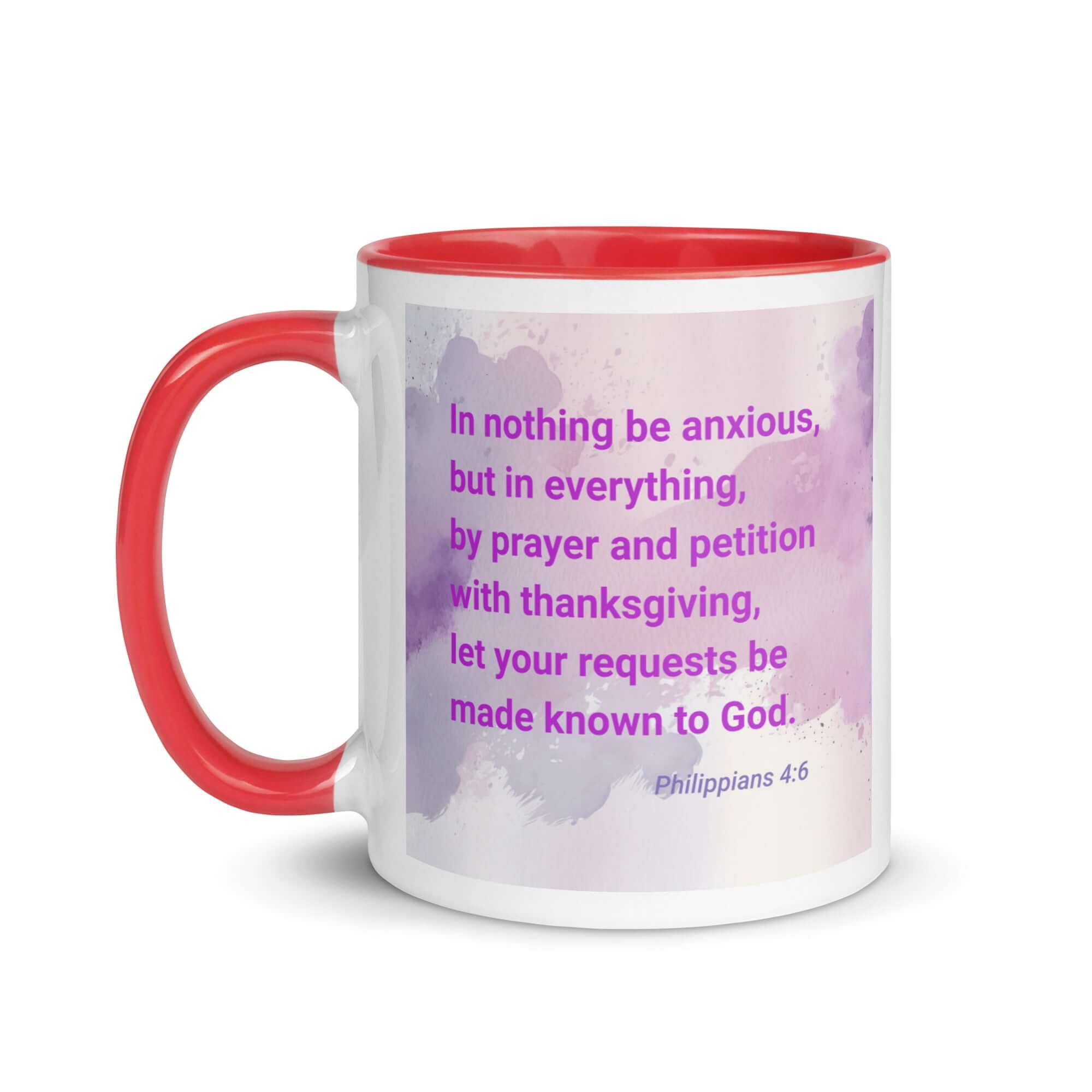 Philippians 4:6 Bible Verse, Prayer and Petition White Ceramic Mug with Color Inside