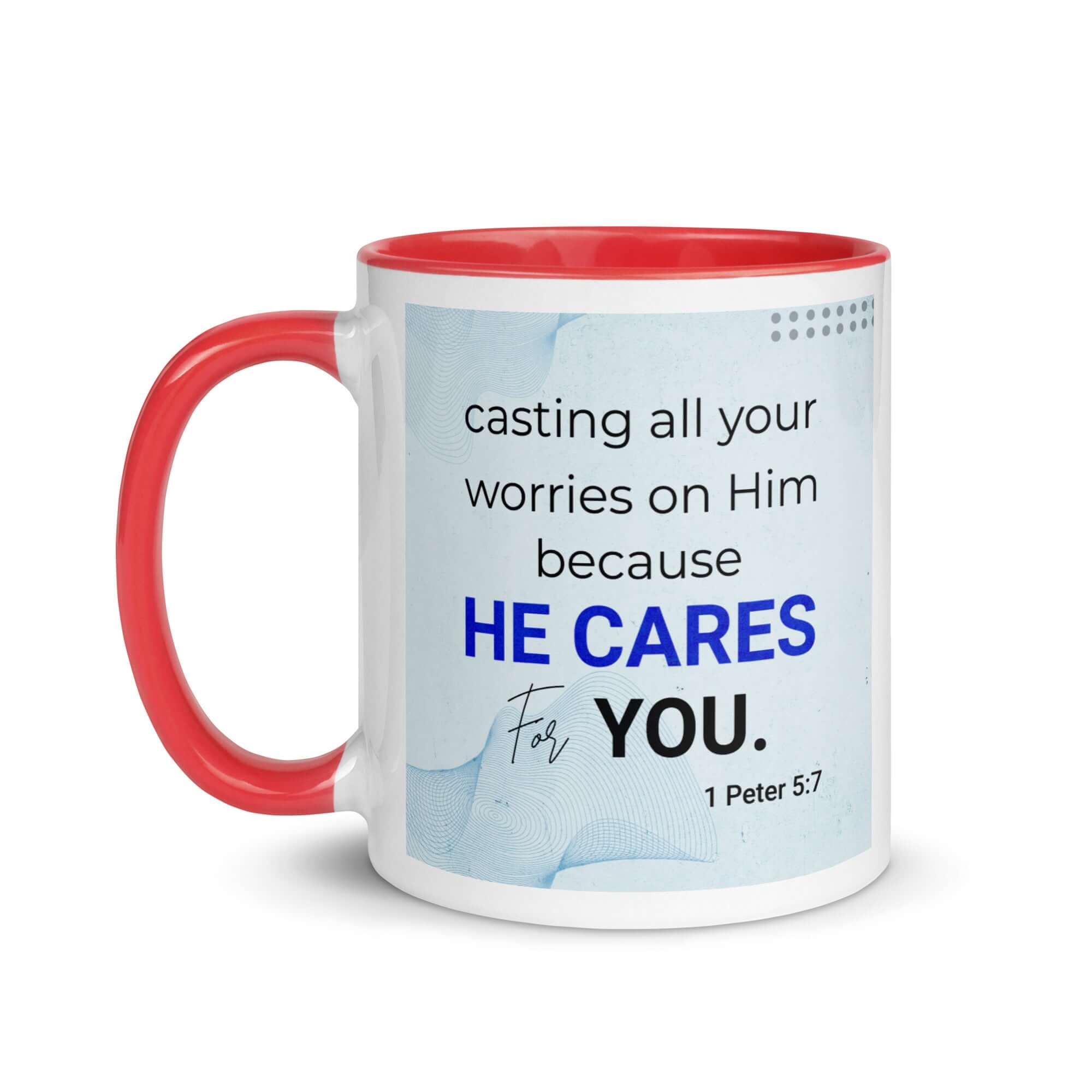1 Peter 5:7 Bible Verse, casting all your worries on Him White Ceramic Mug with Color Inside