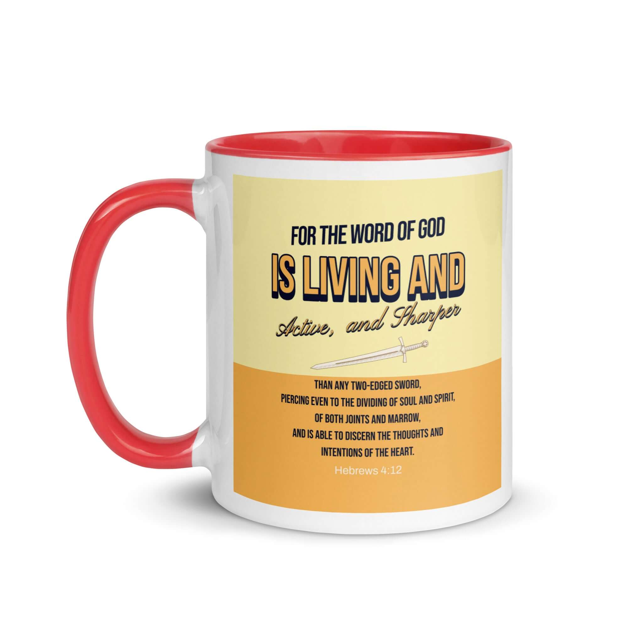 Hebrews 4:12 Bible Verse, living and active White Ceramic Mug with Color Inside