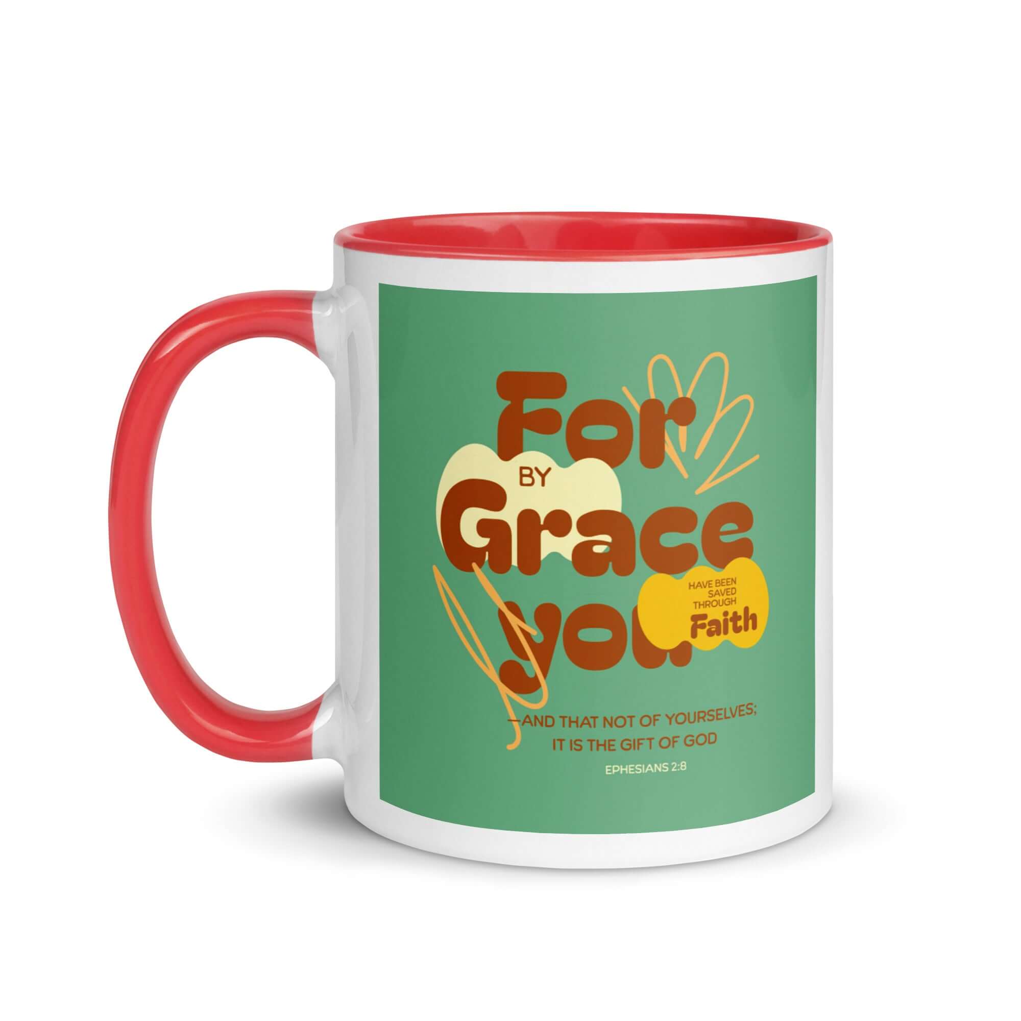 Ephesians 2:8 Bible Verse, for by grace White Ceramic Mug with Color Inside