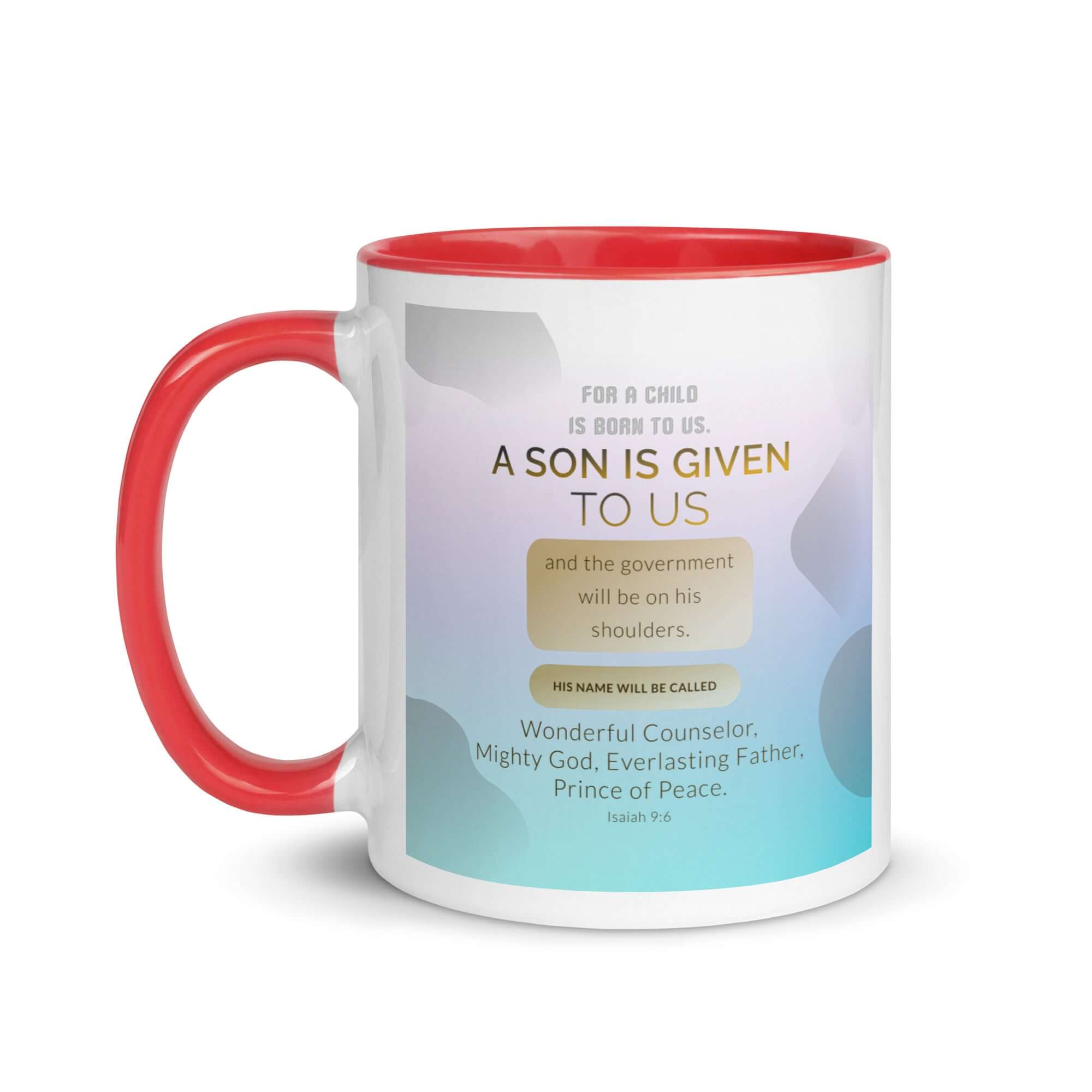 Isaiah 9:6 Bible Verse, Wonderful Counselor White Ceramic Mug with Color Inside