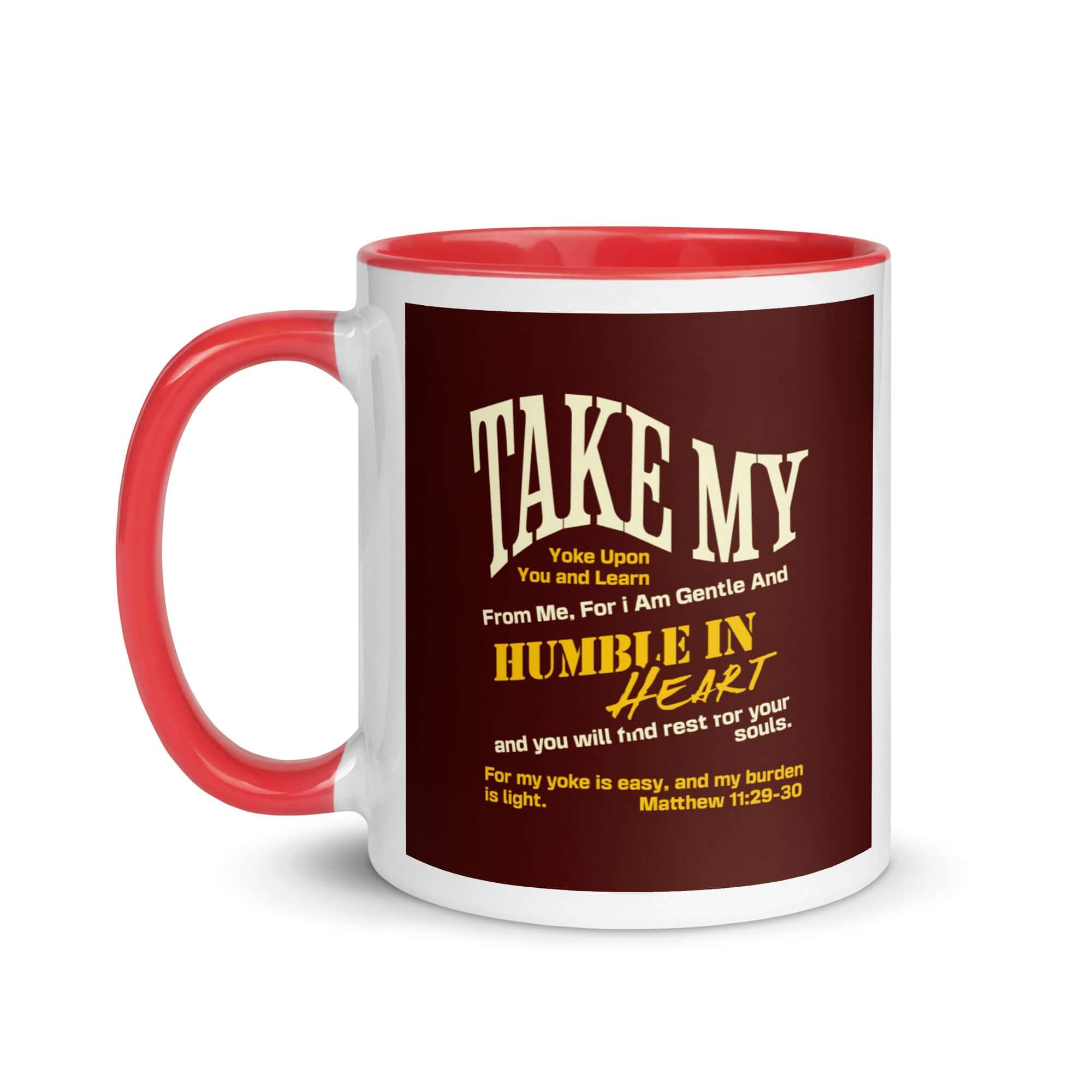 Matthew 11:29-30 Bible Verse, learn from me White Ceramic Mug with Color Inside