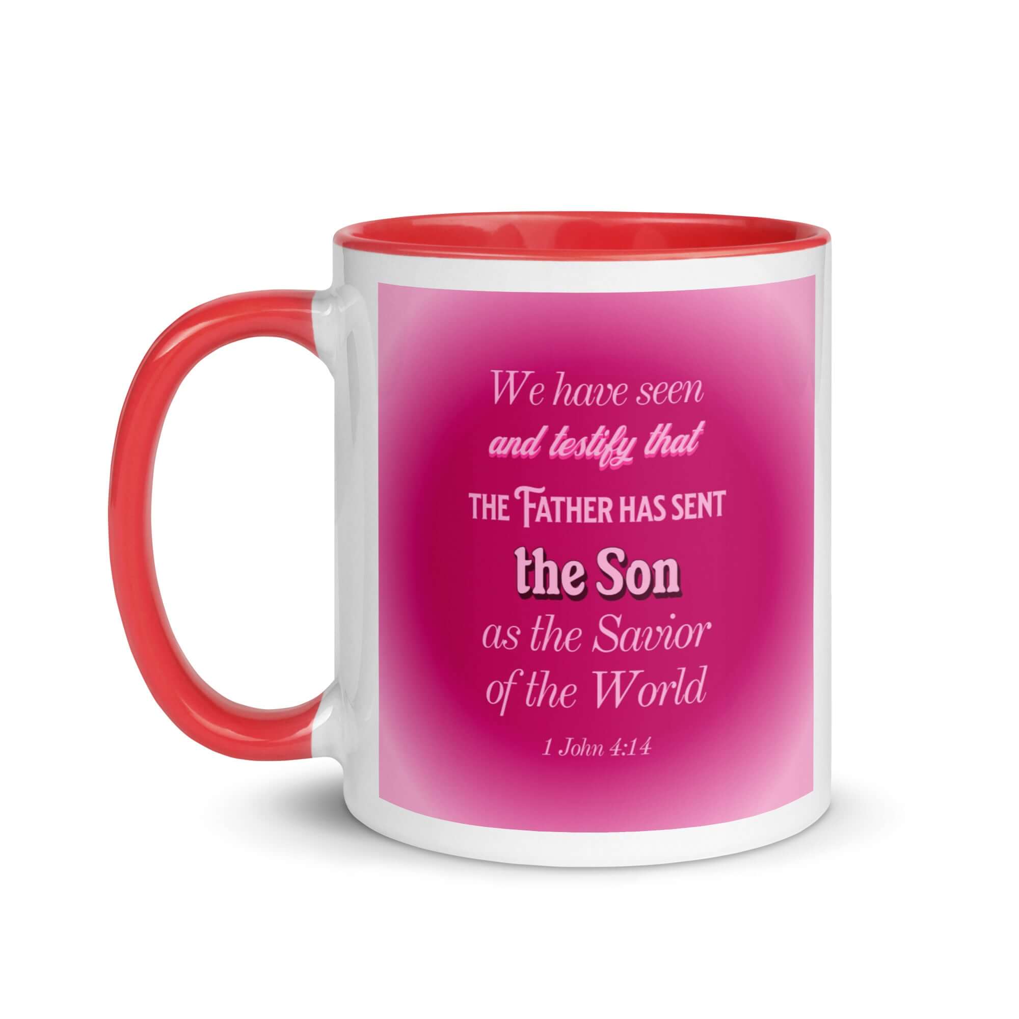 1 John 4:14 Bible Verse, that the Father White Ceramic Mug with Color Inside