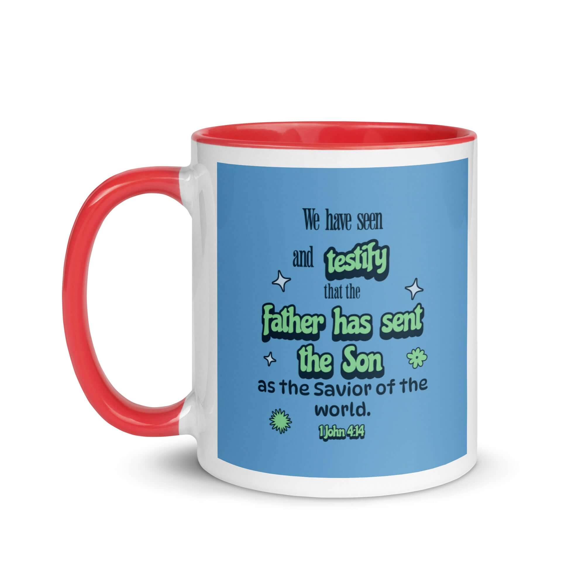 1 John 4:14 Bible Verse, sent the Son White Ceramic Mug with Color Inside