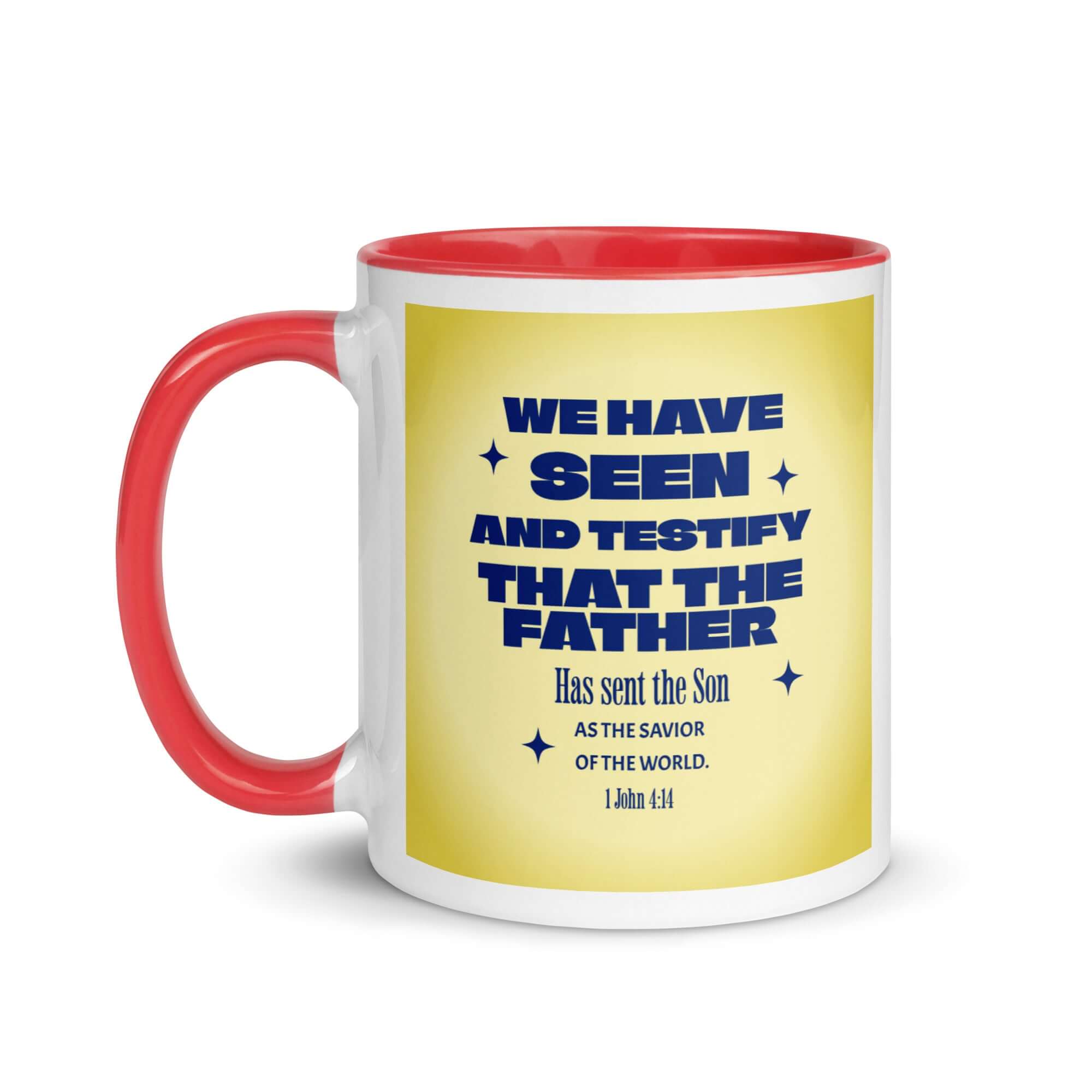 1 John 4:14 Bible Verse, Savior of the world White Ceramic Mug with Color Inside