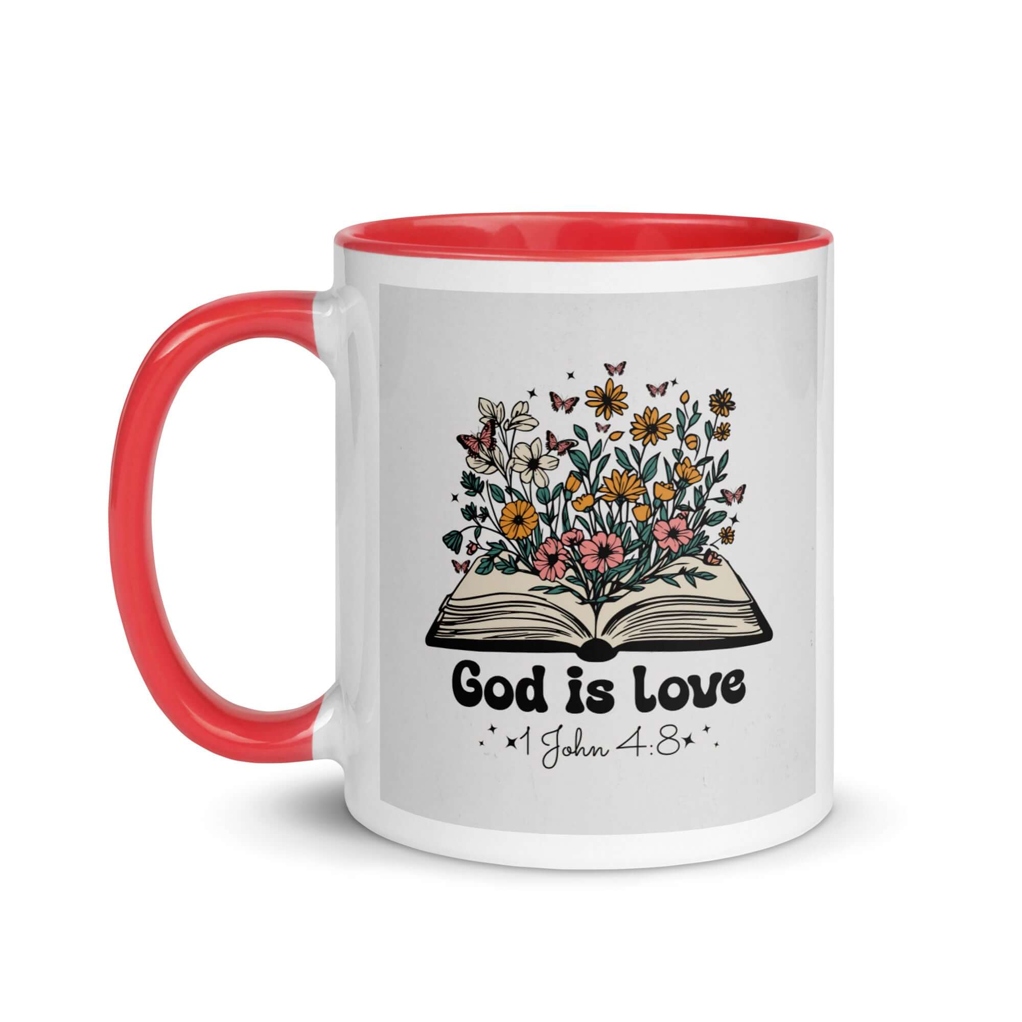 1 John 4:8 Bible Verse, God is Love White Ceramic Mug with Color Inside