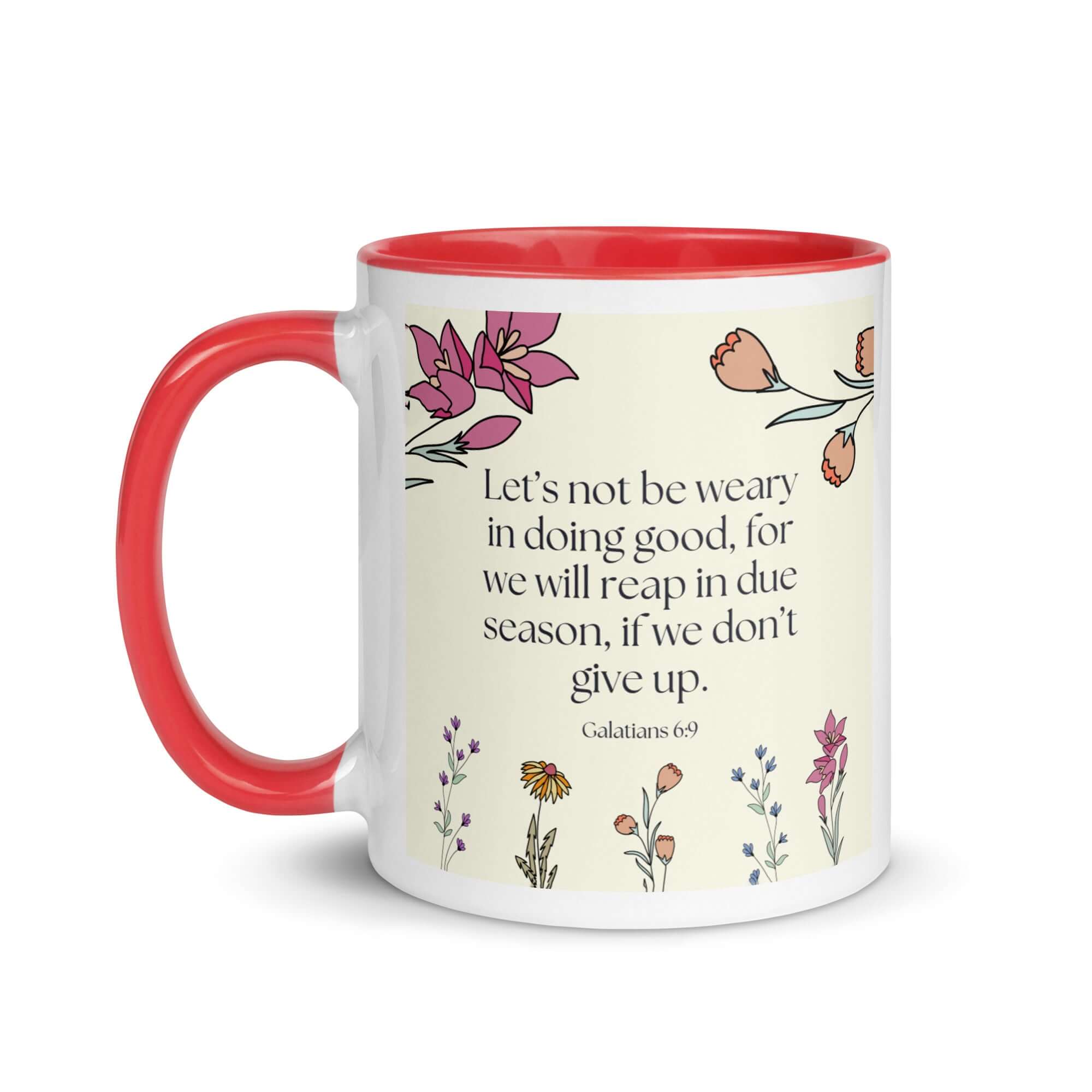 Galatians 6:9 Bible Verse, in doing good White Ceramic Mug with Color Inside