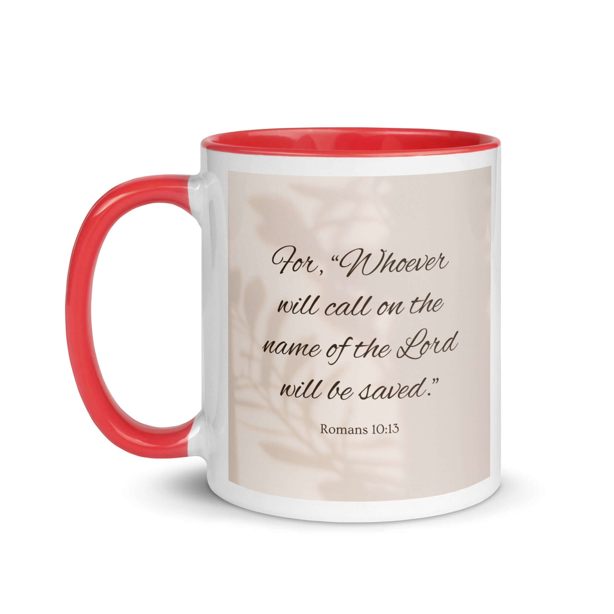 Romans 10:13 Bible Verse, Whoever White Ceramic Mug with Color Inside
