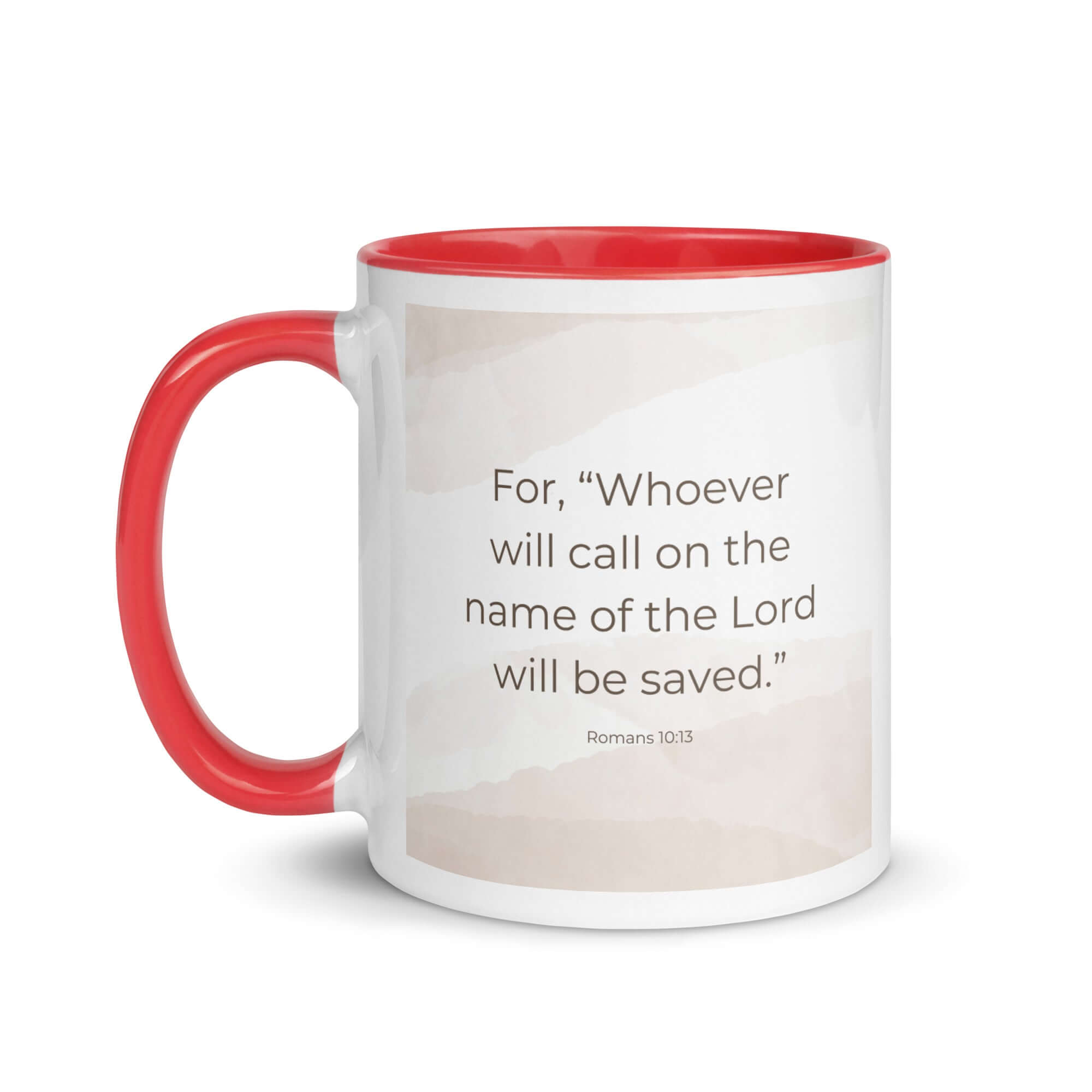 Romans 10:13 Bible Verse, the name White Ceramic Mug with Color Inside