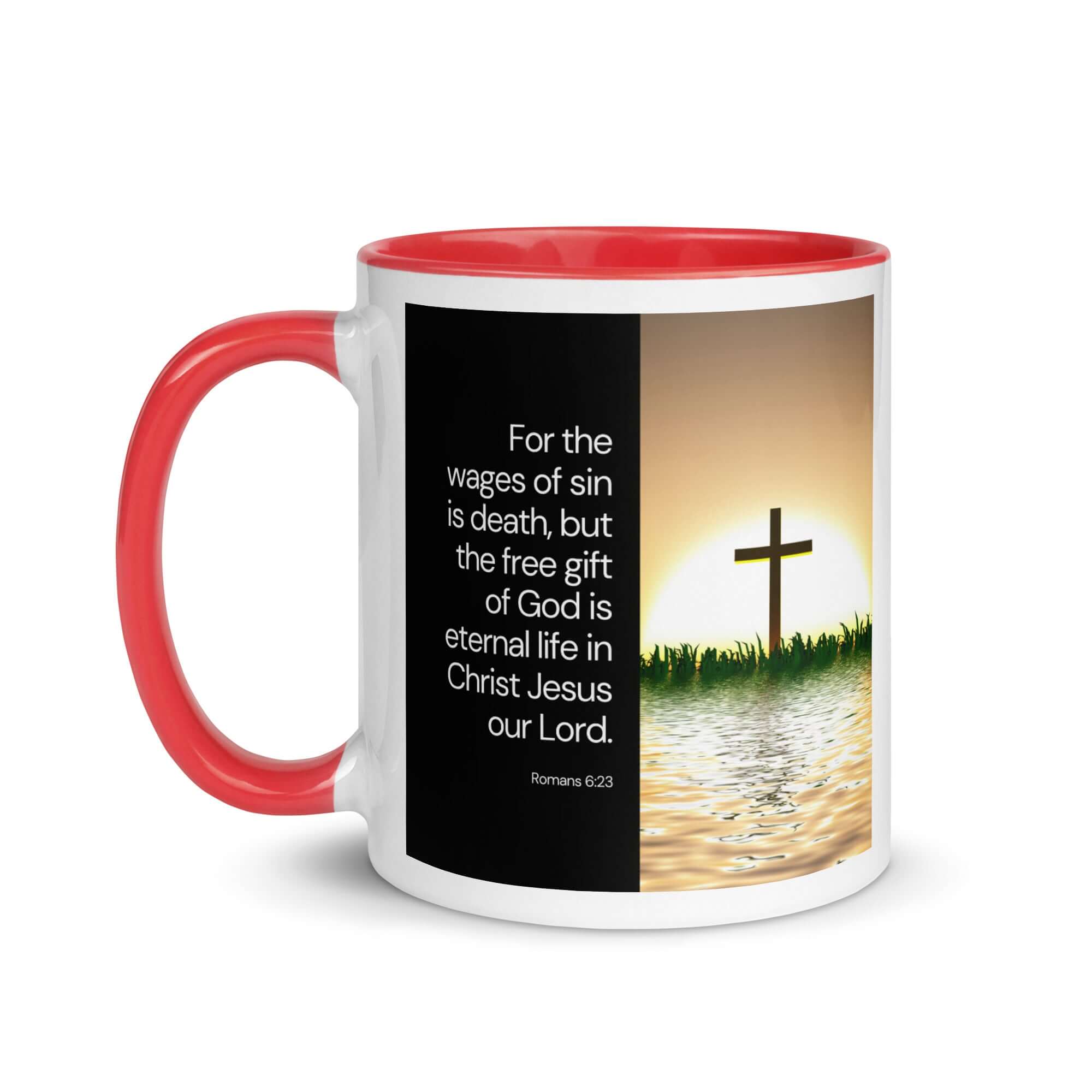 Romans 6:23 Bible Verse, the wages White Ceramic Mug with Color Inside
