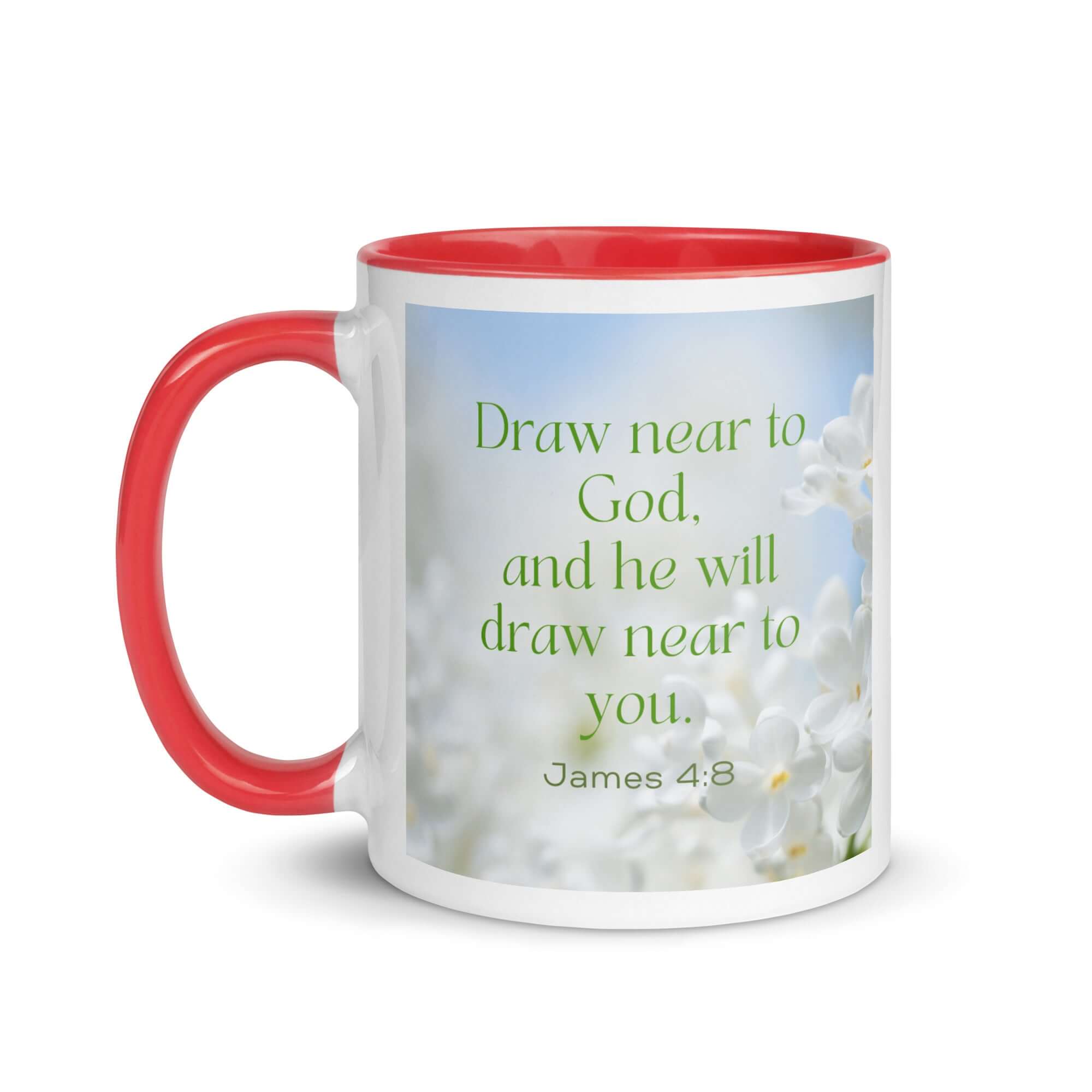James 4:8 Bible Verse, Draw near White Ceramic Mug with Color Inside