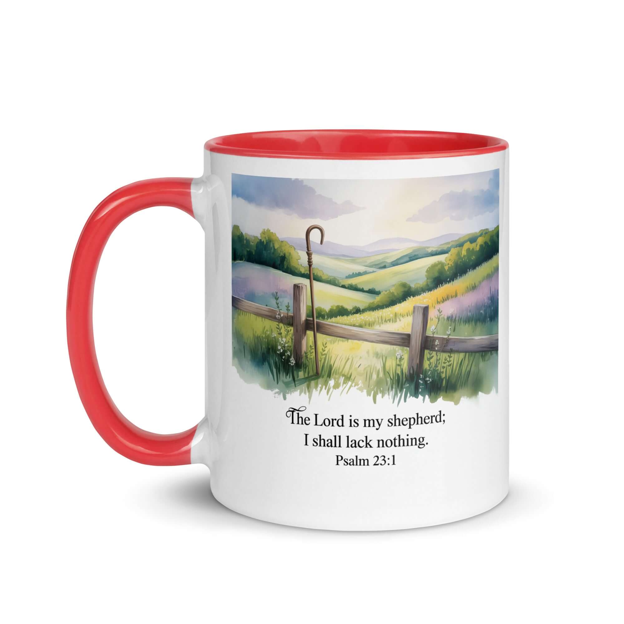 Psalm 23:1 Bible Verse, Lack White Ceramic Mug with Color Inside