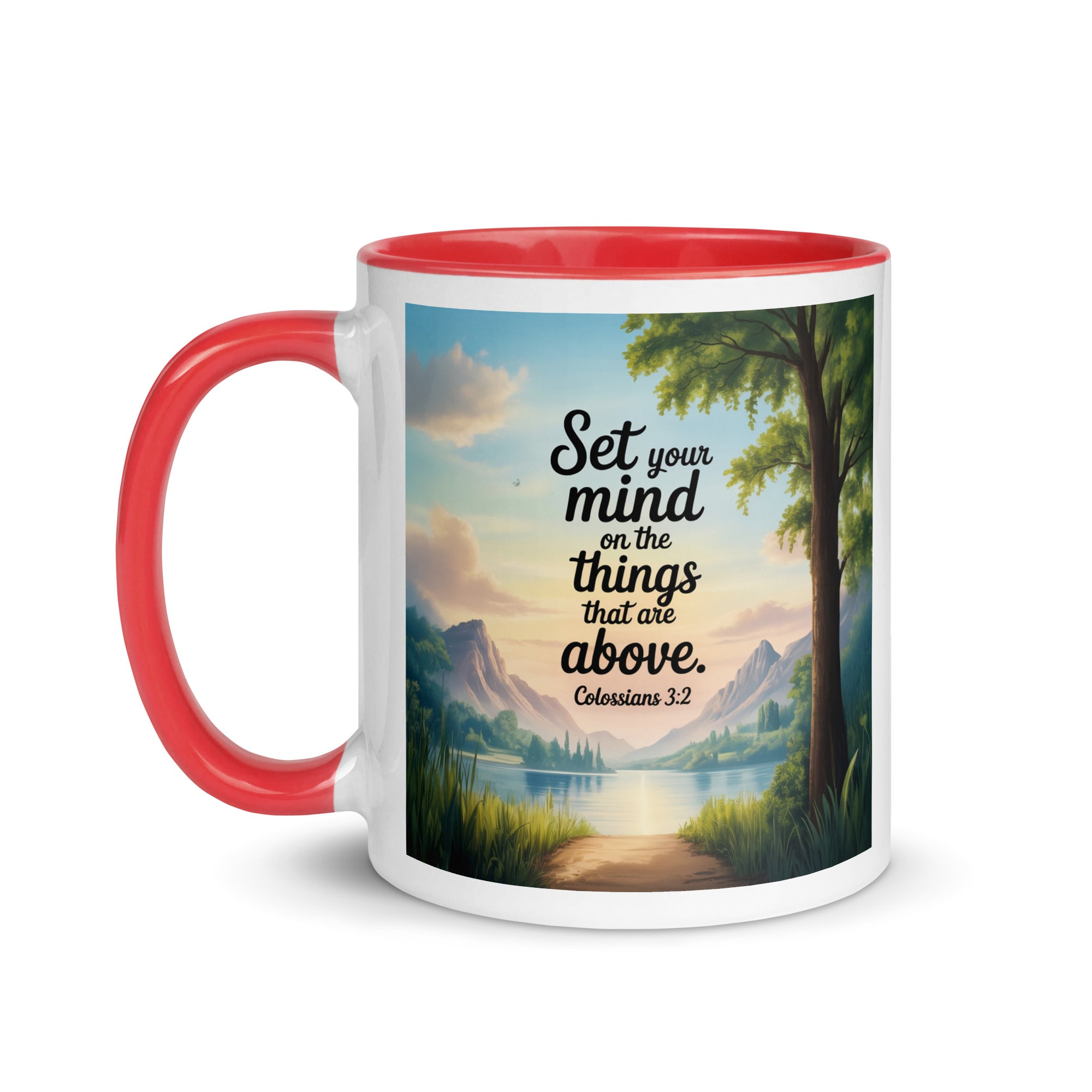 Colossians 3:2 Bible Verse Set White Ceramic Mug with Color Inside