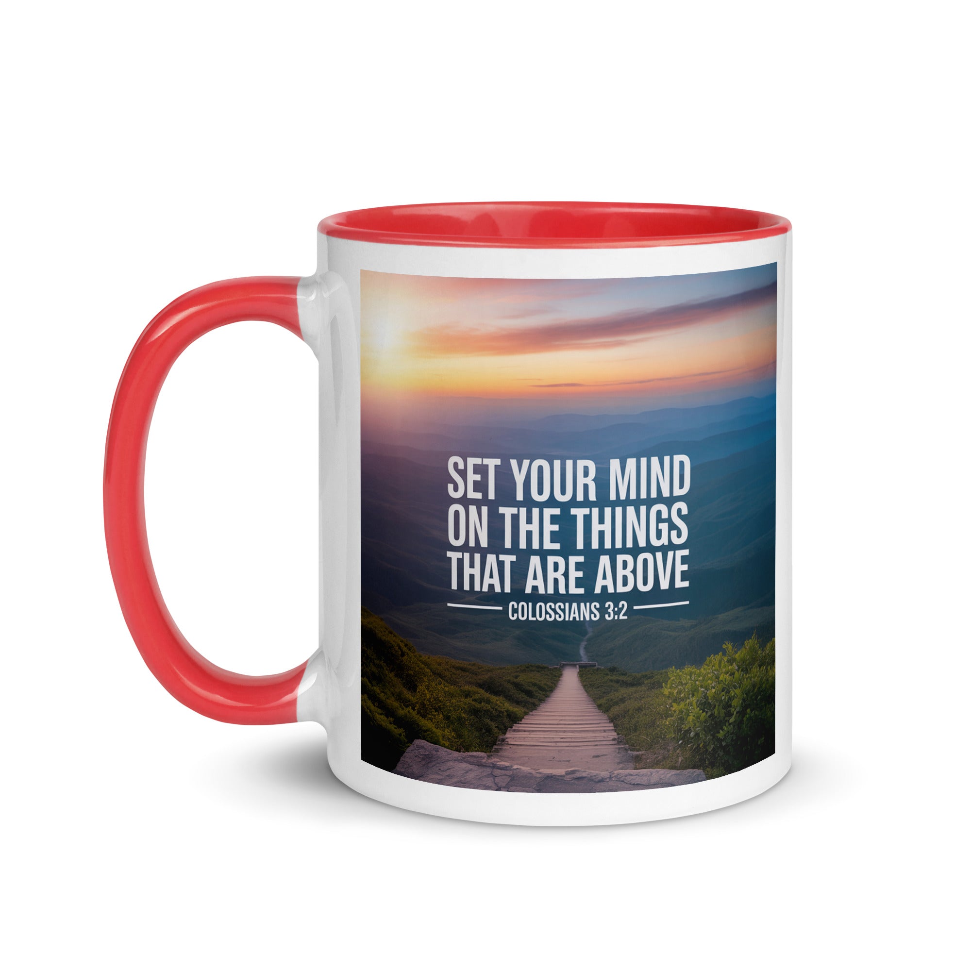 Colossians 3:2 Bible Verse your mind White Ceramic Mug with Color Inside
