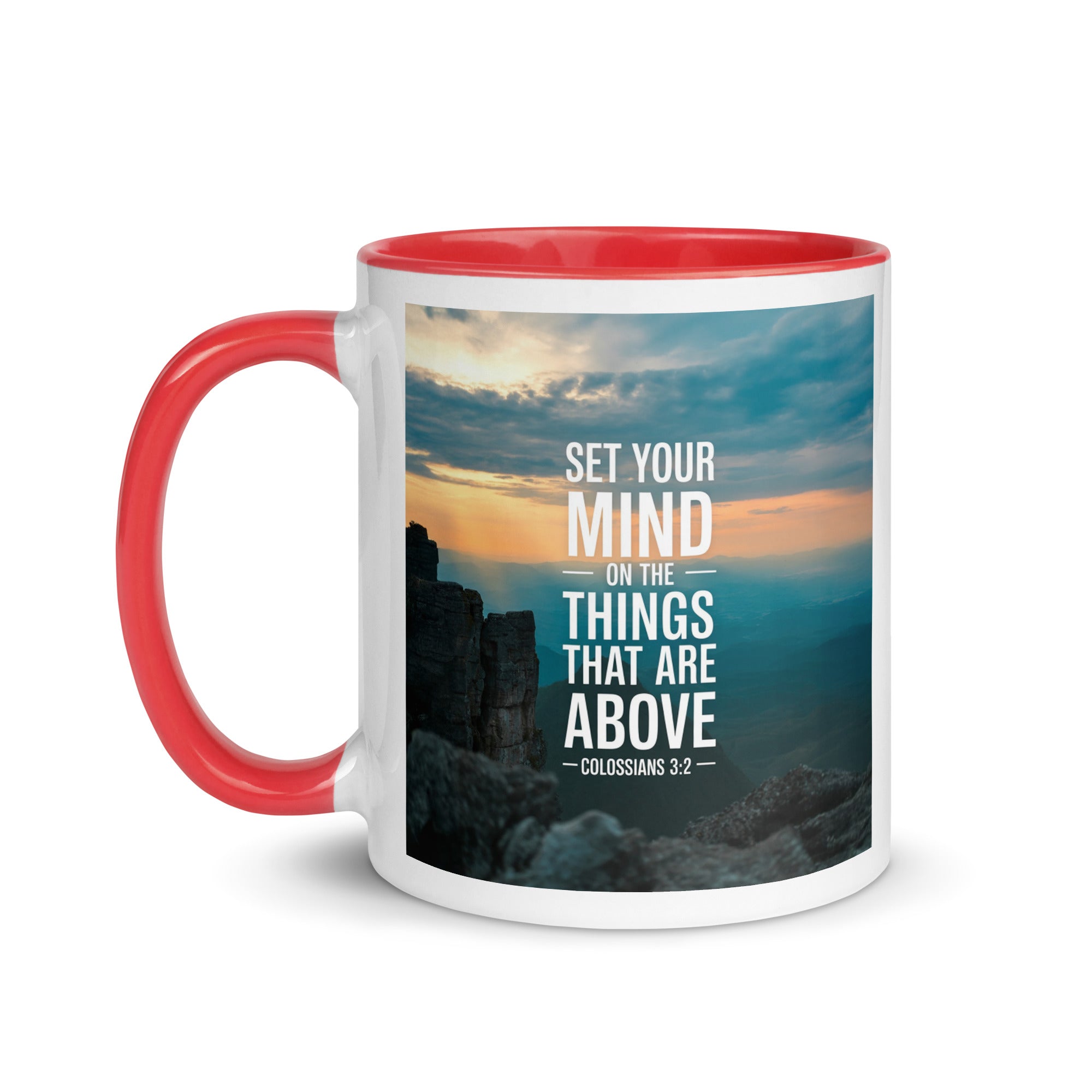 Colossians 3:2 Bible Verse on the White Ceramic Mug with Color Inside