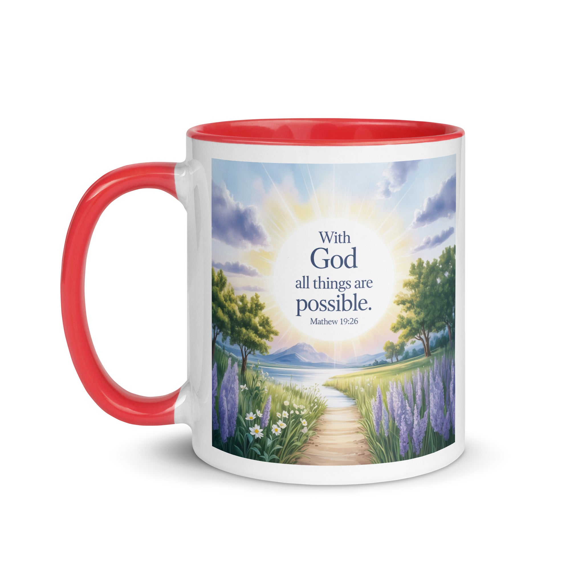 Matthew 19:26 Bible Verse Looking at White Ceramic Mug with Color Inside