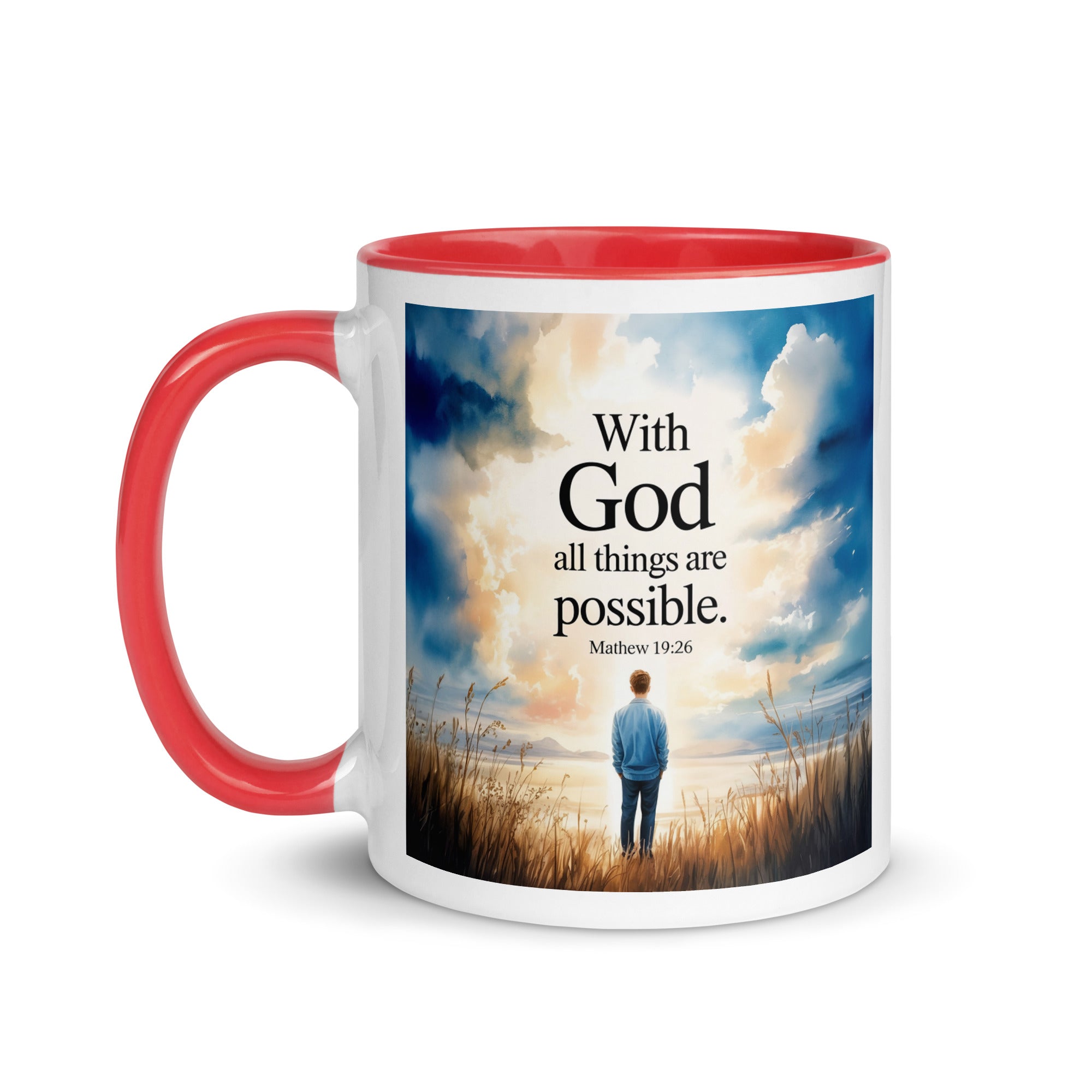 Matthew 19:26 Bible Verse Jesus White Ceramic Mug with Color Inside